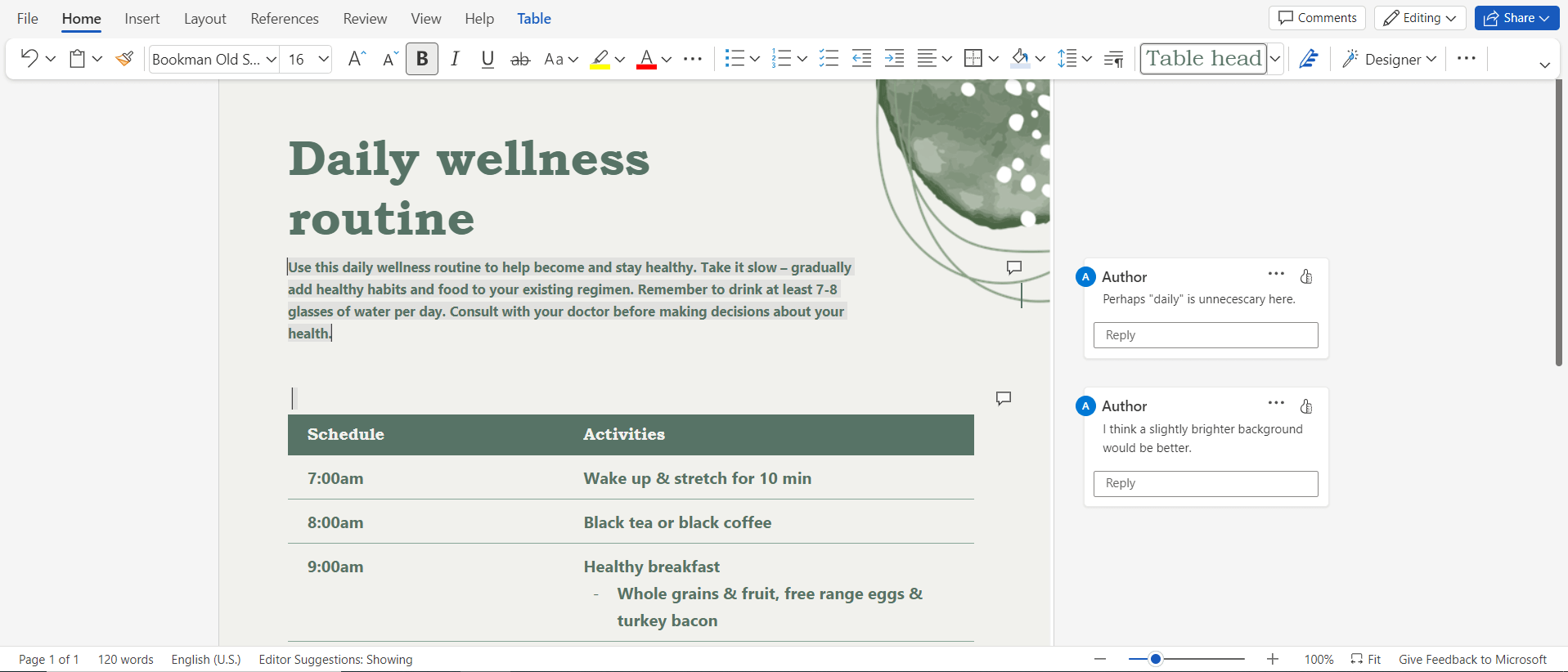 Microsoft Word document showing a daily wellness routine with a schedule and activities, including editor comments on word choice and background color.