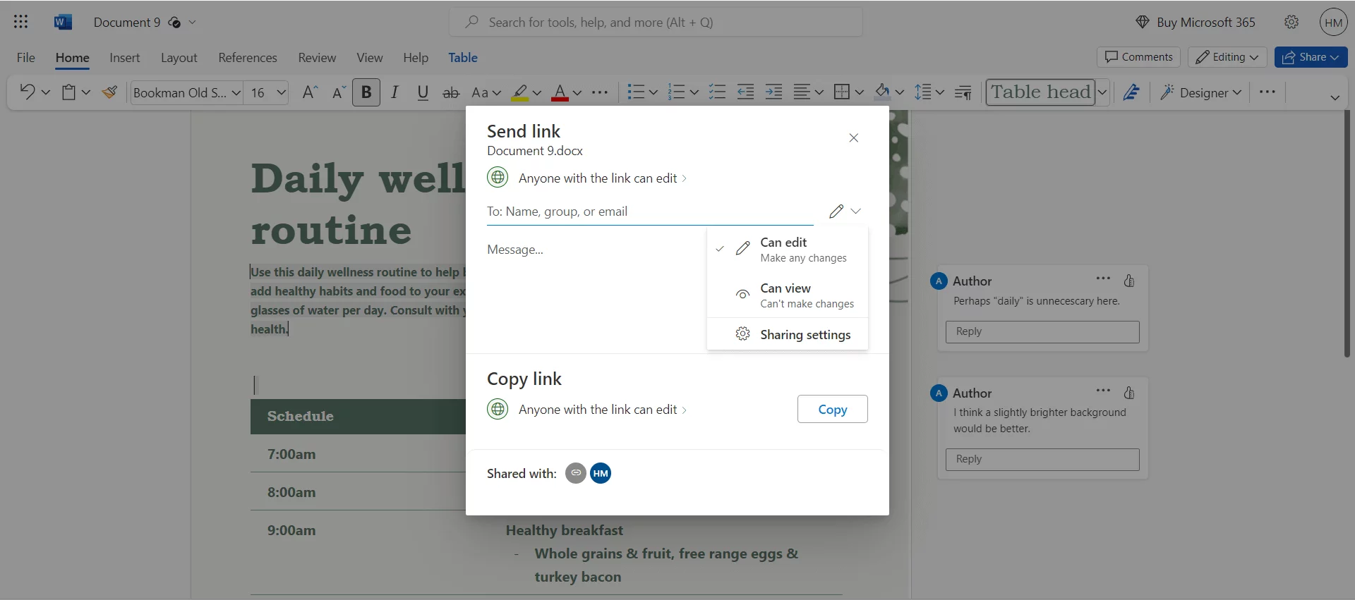 Microsoft Word document with a daily wellness routine, showing the "Send link" sharing options dialog to allow editing or viewing access.