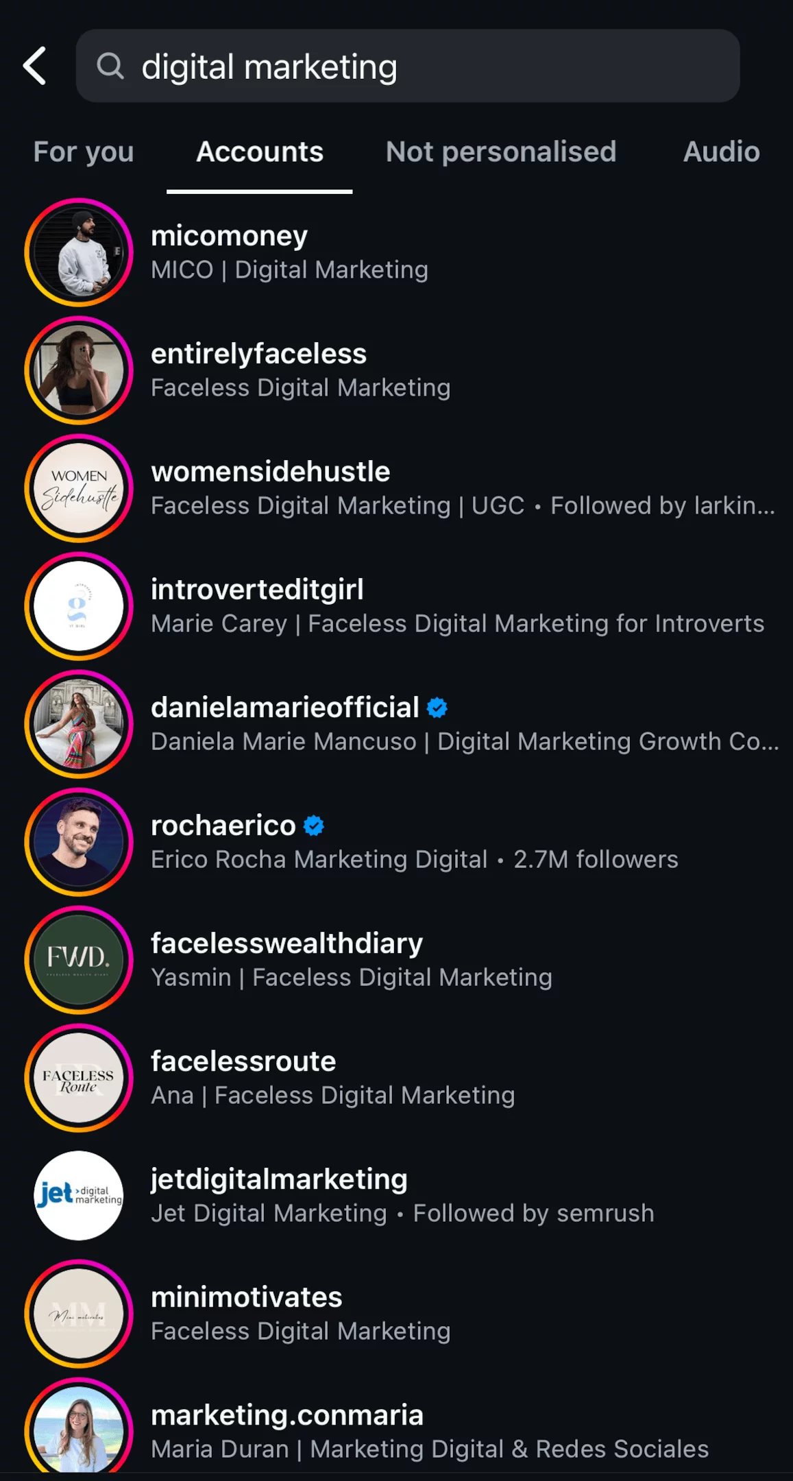 Instagram search results for "digital marketing" showing various accounts including micomoney, entirelyfaceless, womensidehustle, and others.