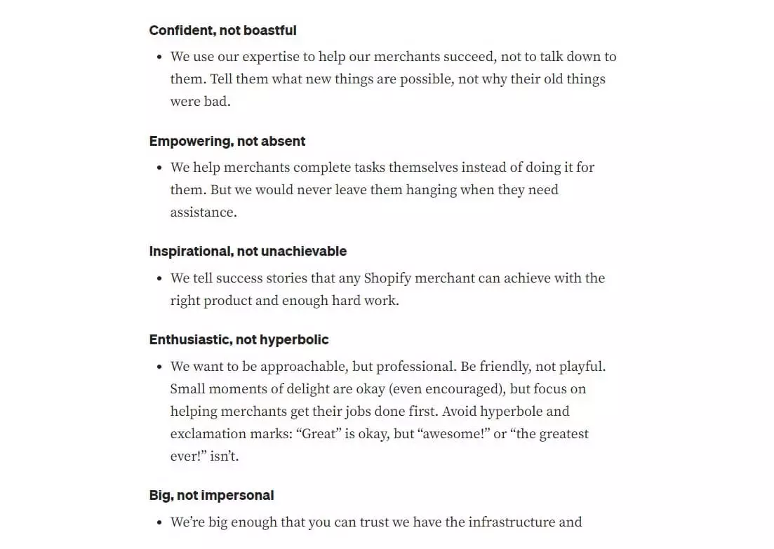 Guidelines outlining Shopify's brand tone: confident, empowering, inspirational, enthusiastic, and big but personal, with examples for each.