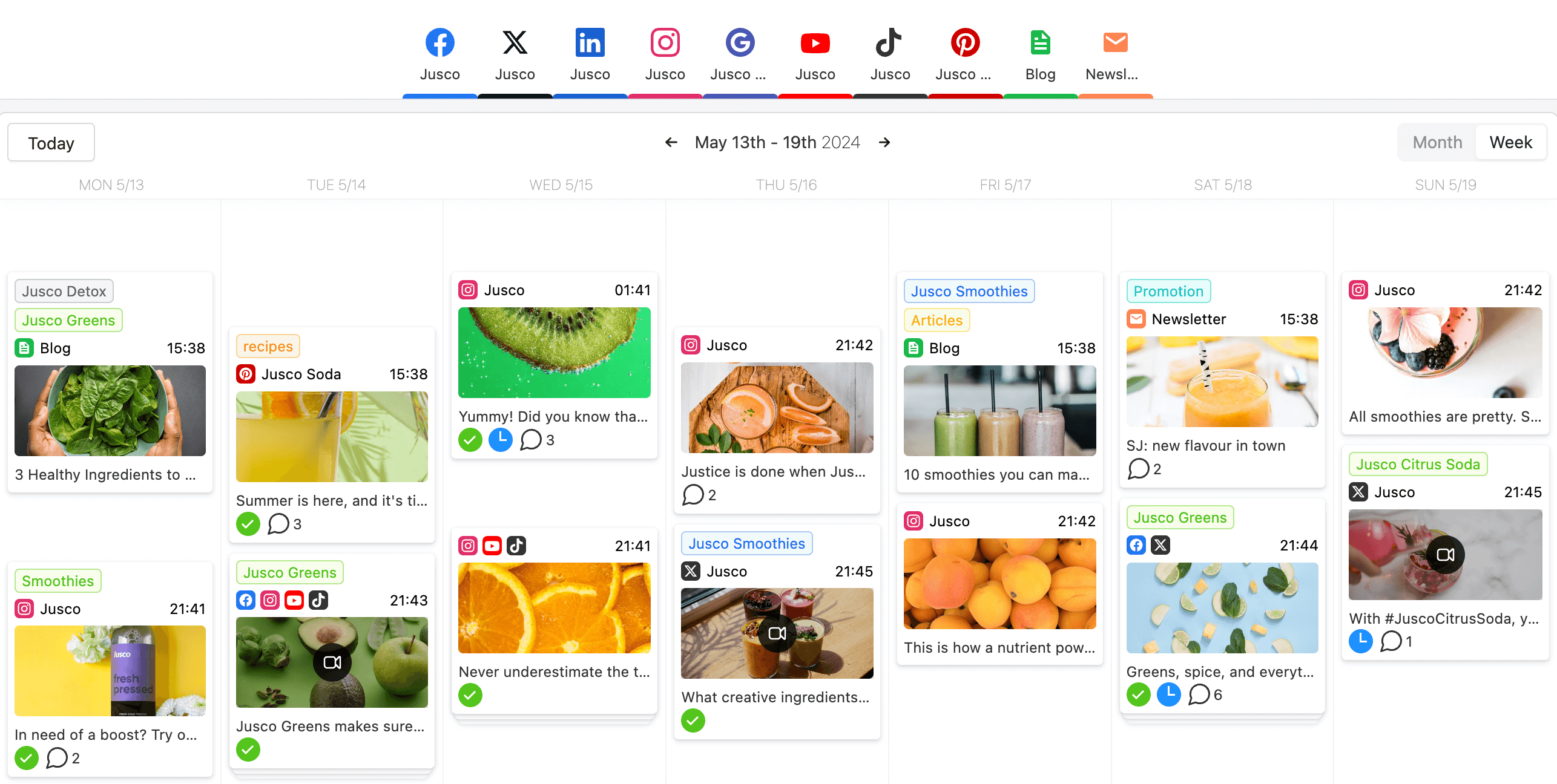 Jusco's social media content calendar, featuring posts about greens, smoothies, and soda across various platforms.