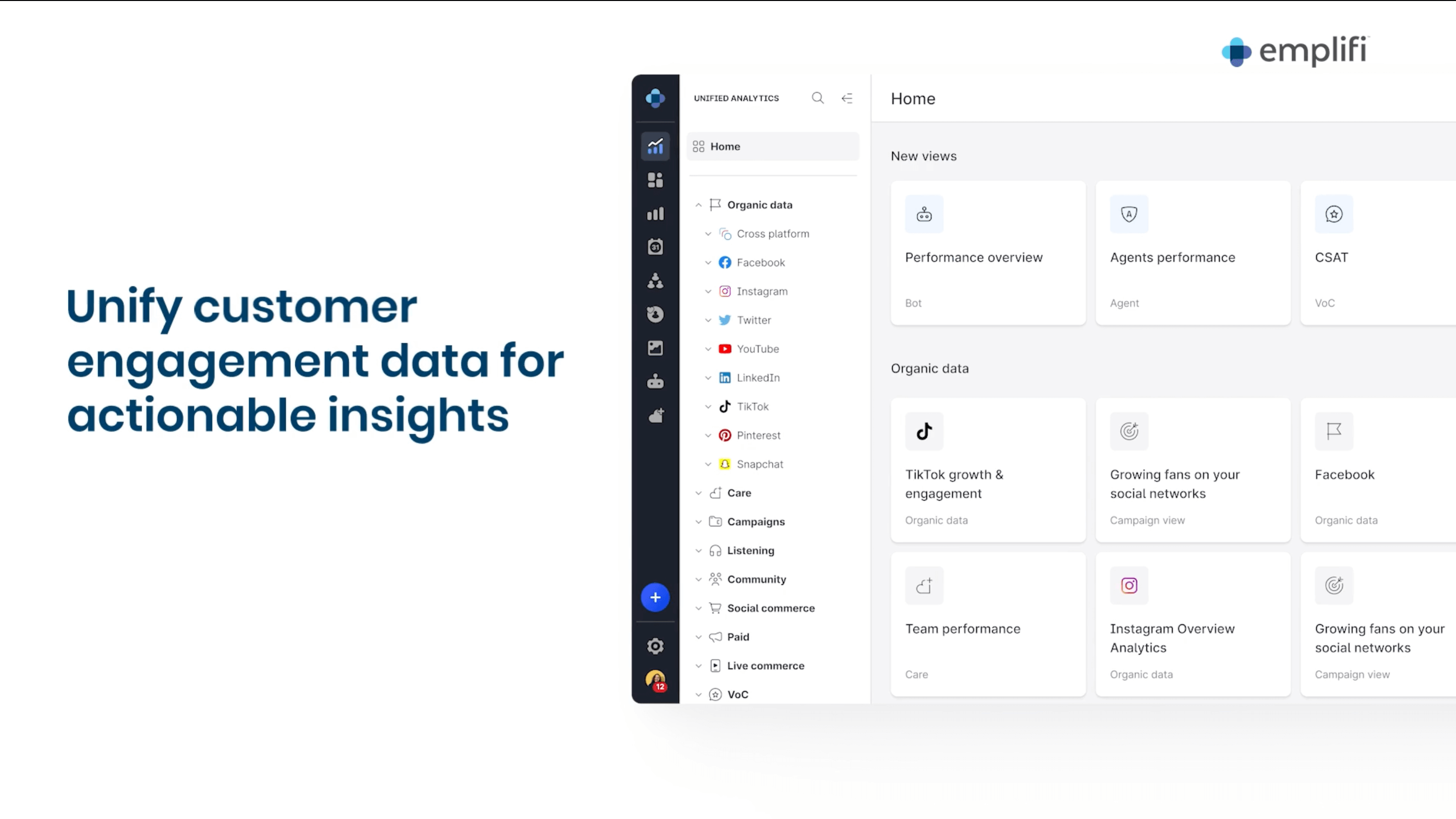 Emplifi dashboard displaying unified customer engagement data for actionable insights, with sections for performance overview, organic data, and social media analytics.