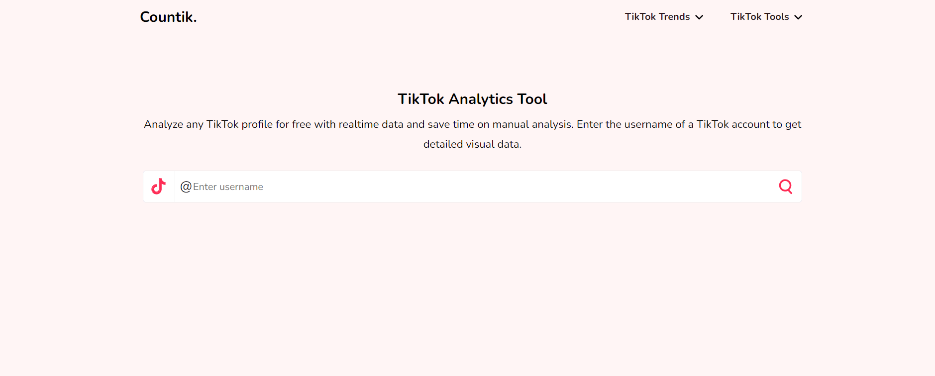 Countik homepage offering free TikTok analytics with a search bar to enter a TikTok username for real-time data and visual analysis.