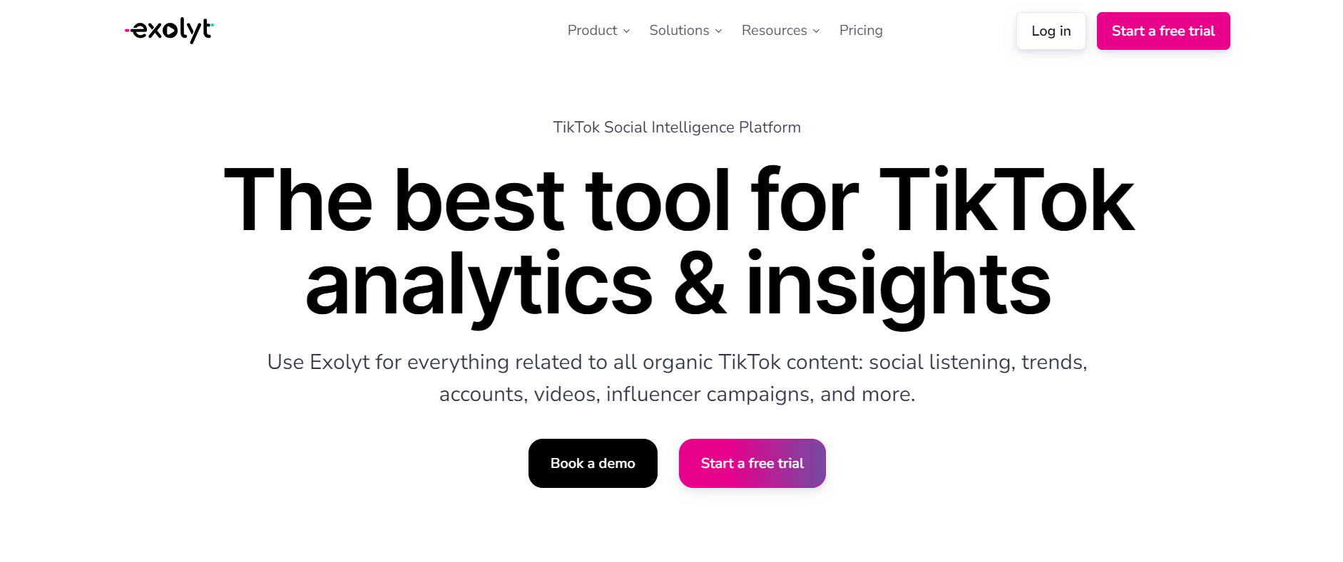 Exolyt homepage promoting TikTok analytics and insights with options to book a demo or start a free trial.