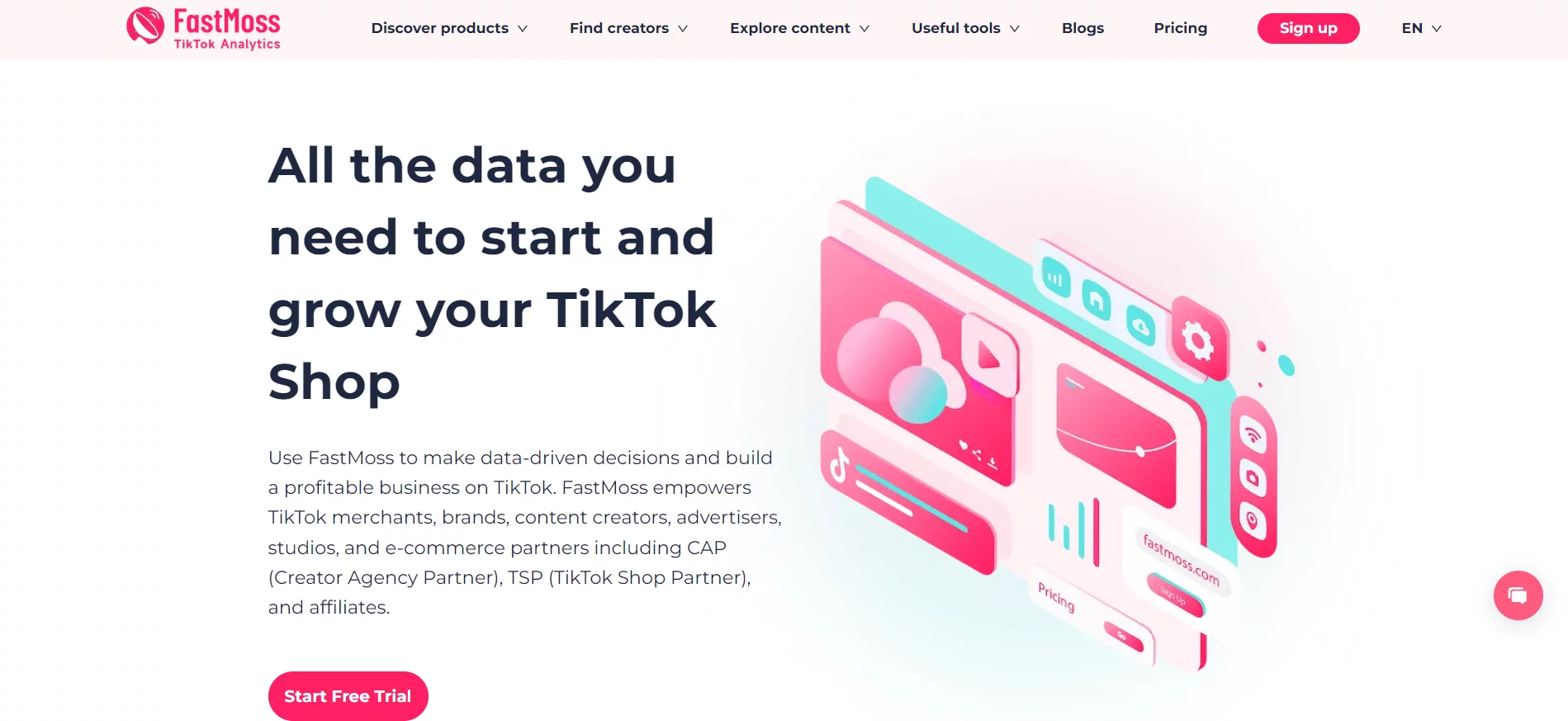 FastMoss homepage promoting TikTok analytics for growing TikTok shops, with a free trial offer and an illustration of a data dashboard.