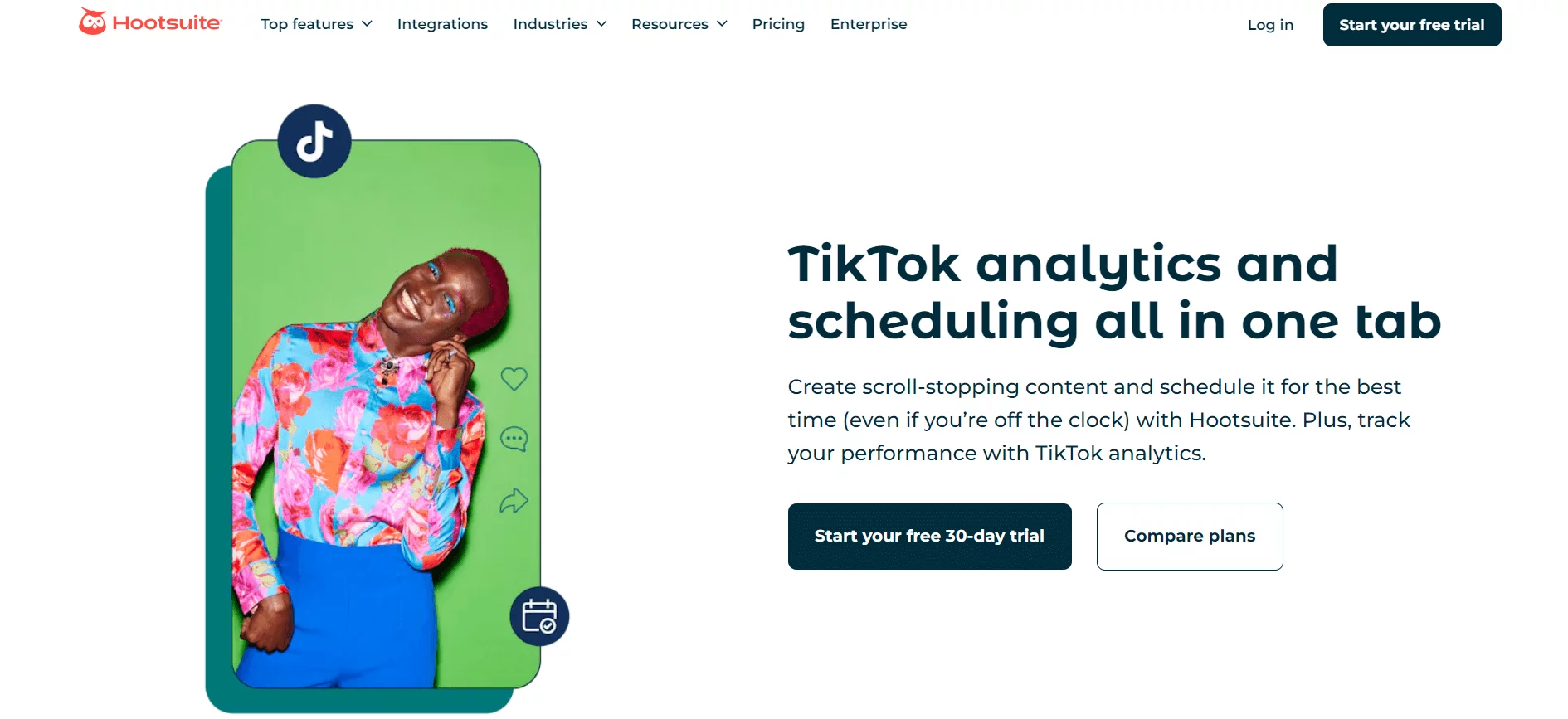 Hootsuite homepage promoting TikTok analytics and scheduling with a free 30-day trial offer and an image of a smiling person in colorful clothing.