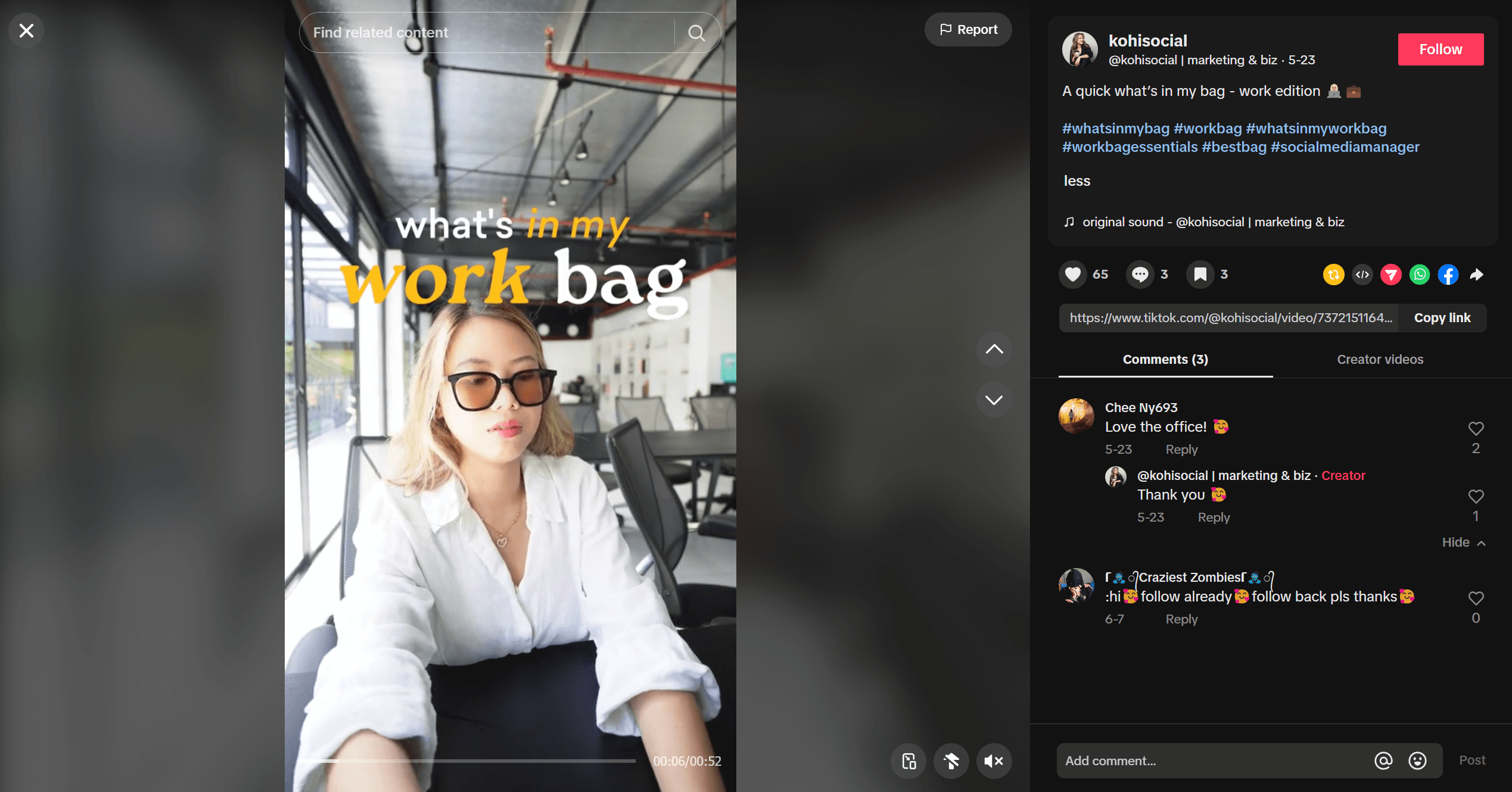 Kohi Social's TikTok post about what's in her work bag with hashtags generated by Planable's Free AI generator