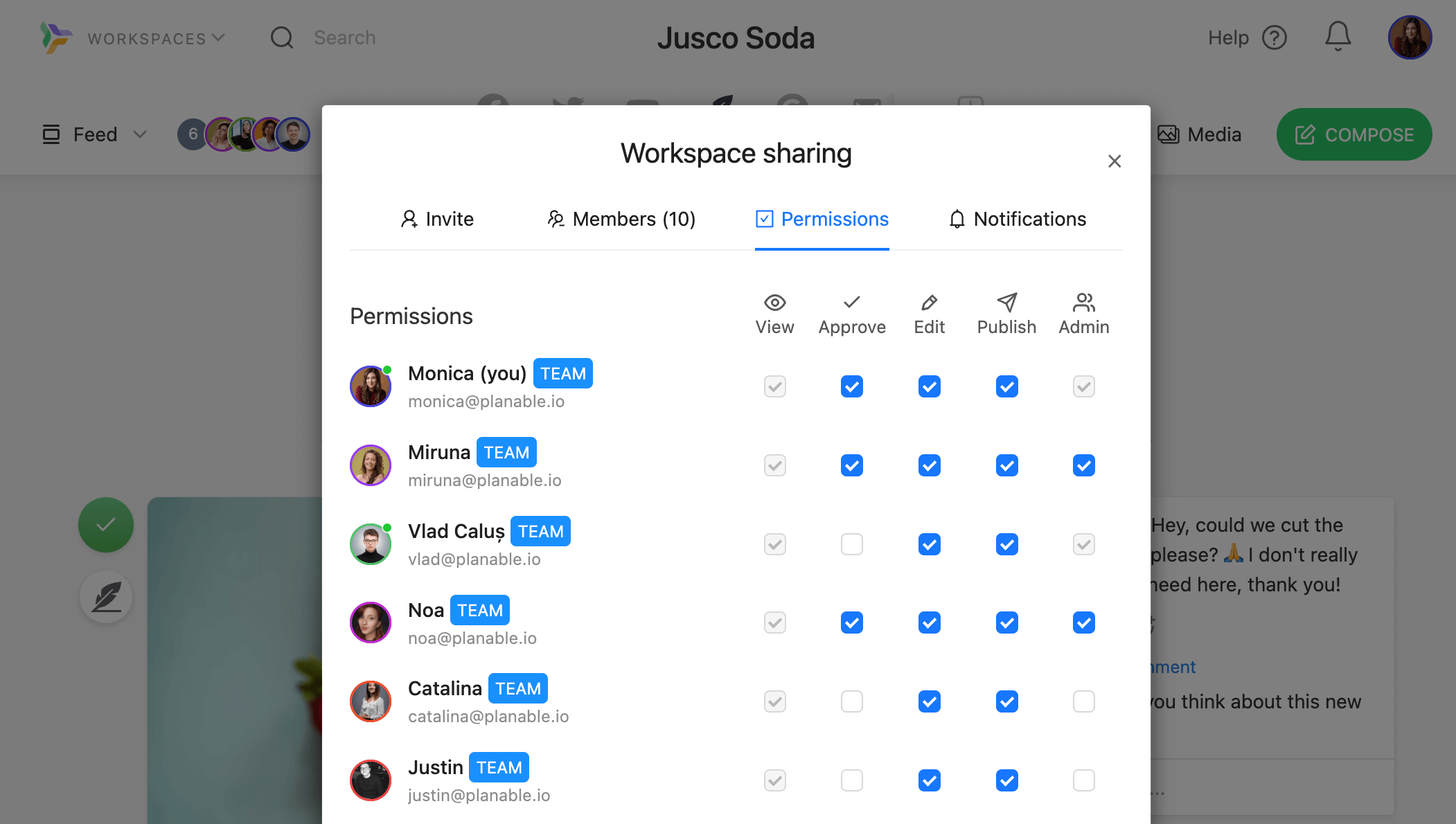 Workspace sharing settings in Planable for Jusco Soda, showing team members with their respective permissions for viewing, approving, editing, publishing, and admin rights.