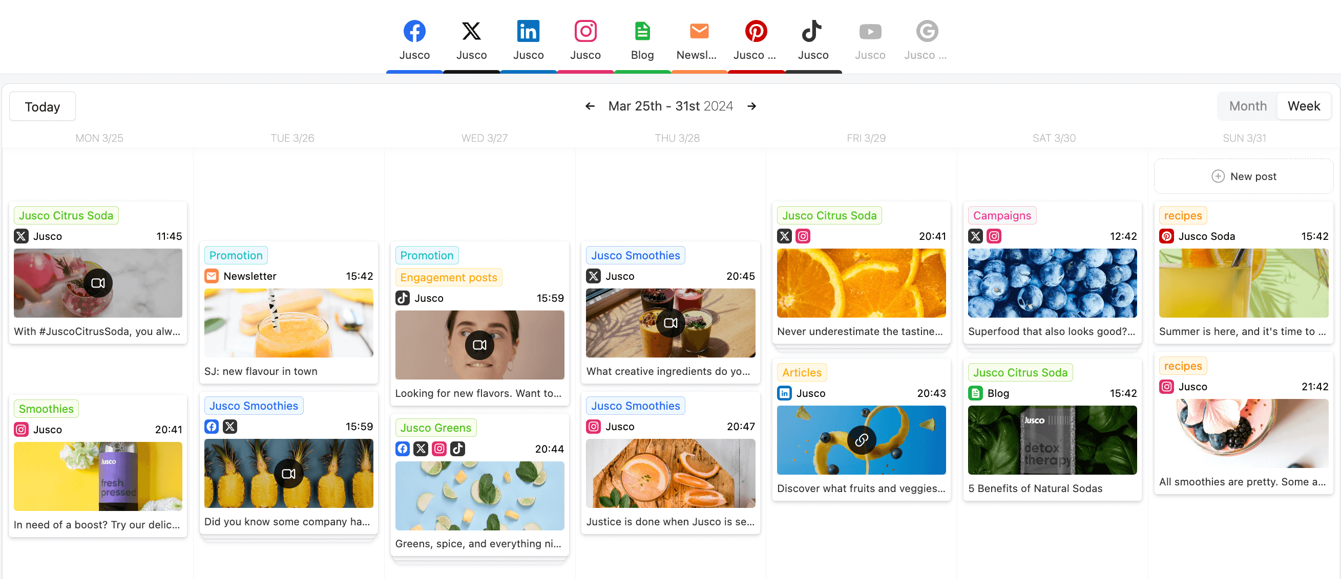 Planable content calendar showing scheduled posts for Jusco Smoothies and Citrus Soda across various social media platforms and newsletters.
