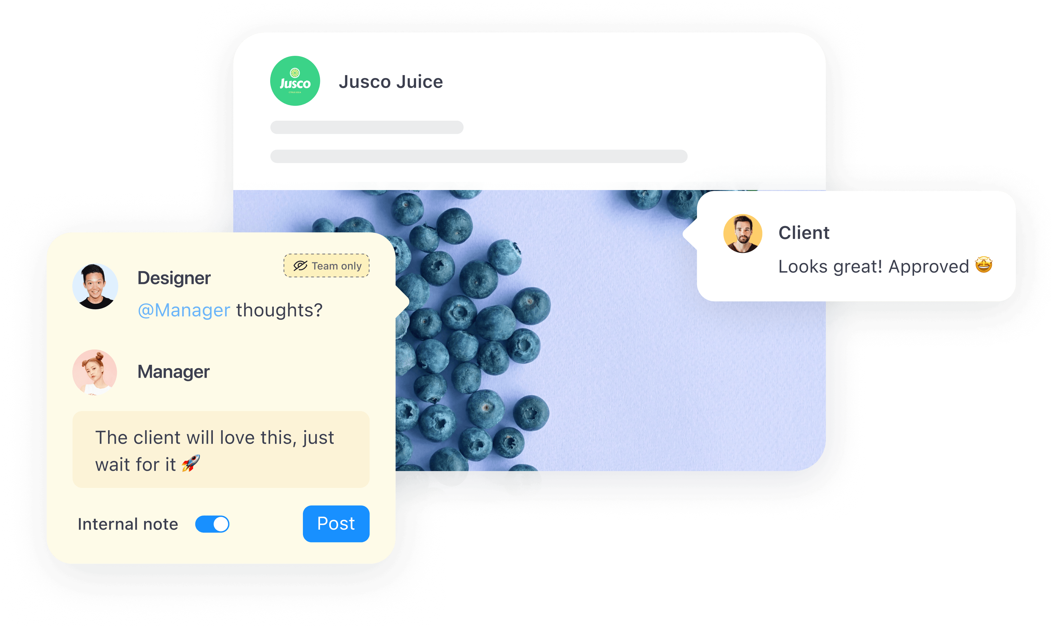 Planable interface showing collaboration on a Jusco Juice post with blueberries, including internal notes and client approval comments.