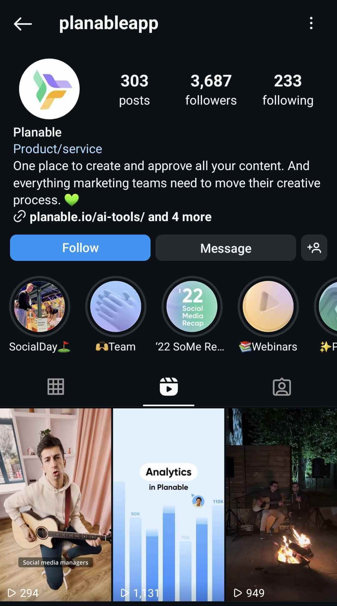 Instagram profile of Planable showing 303 posts, 3,687 followers, and 233 following, with highlights on content management and analytics tools.