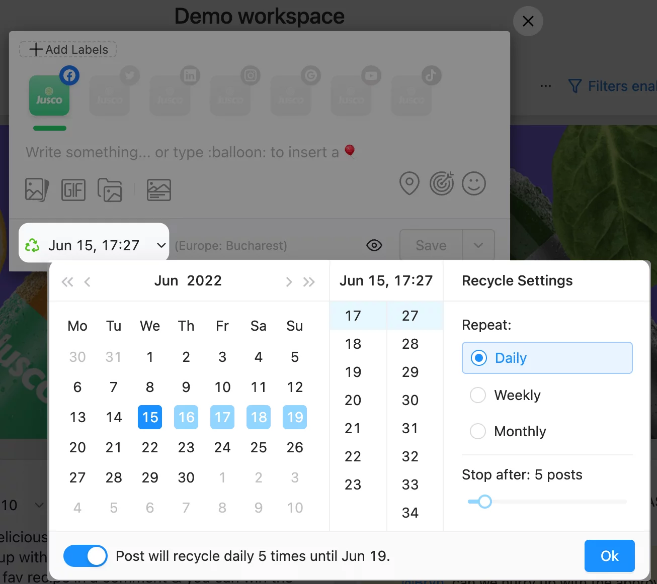 Planable's interface showing a post set to recycle, with options for daily, weekly, or monthly repeats.