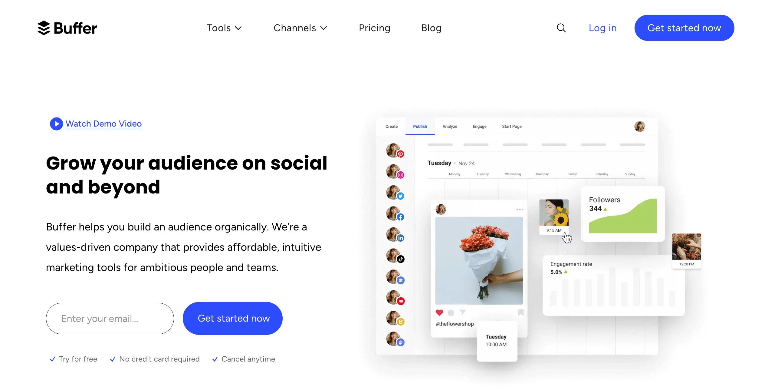 Buffer homepage displaying a CTA with text "Grow your audience on social and beyond" and visual analytics of social media posts.