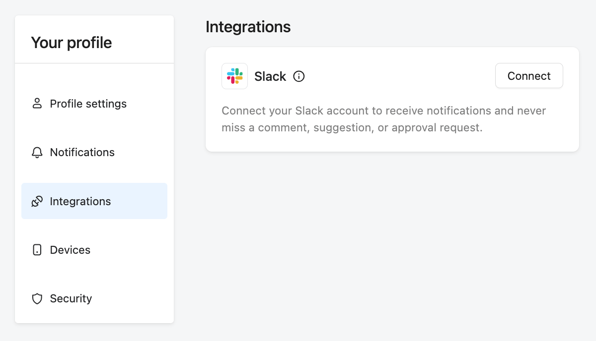 Slack integration option in the user's Planable profile settings.