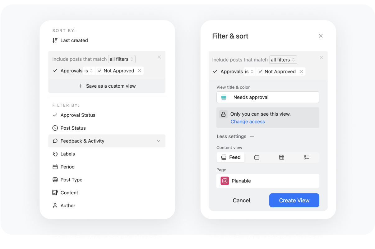 Filter and sort interface in Planable for social media posts showing options to filter by approval status, post type, and other criteria, with a custom view for posts needing approval.