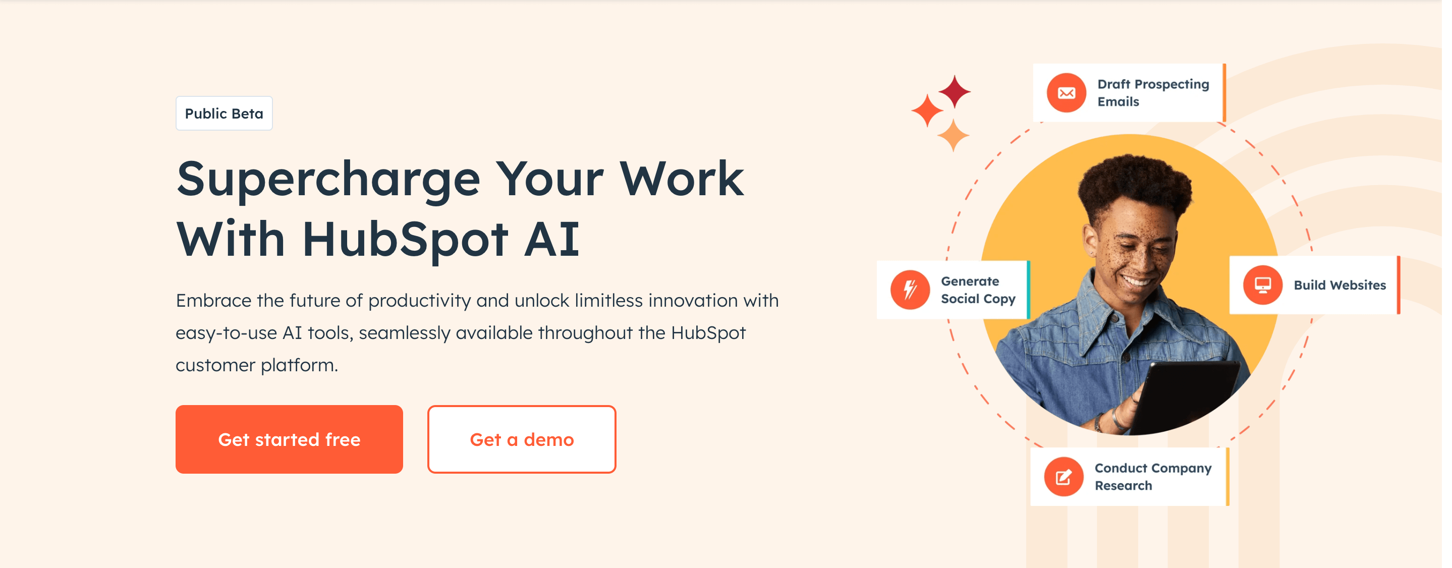 hubspot ai landing page with a Get started for free CTA