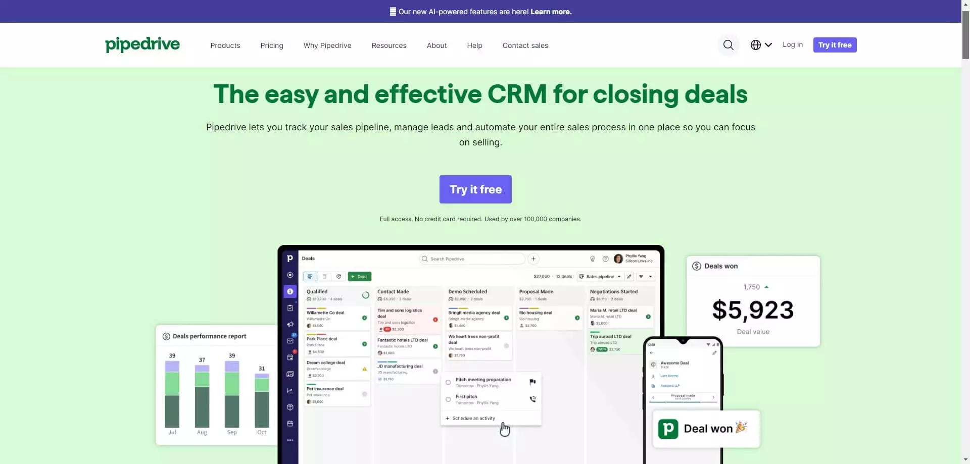 Pipedrive homepage promoting its CRM for sales pipeline management, lead tracking, and sales process automation, with a free trial option.