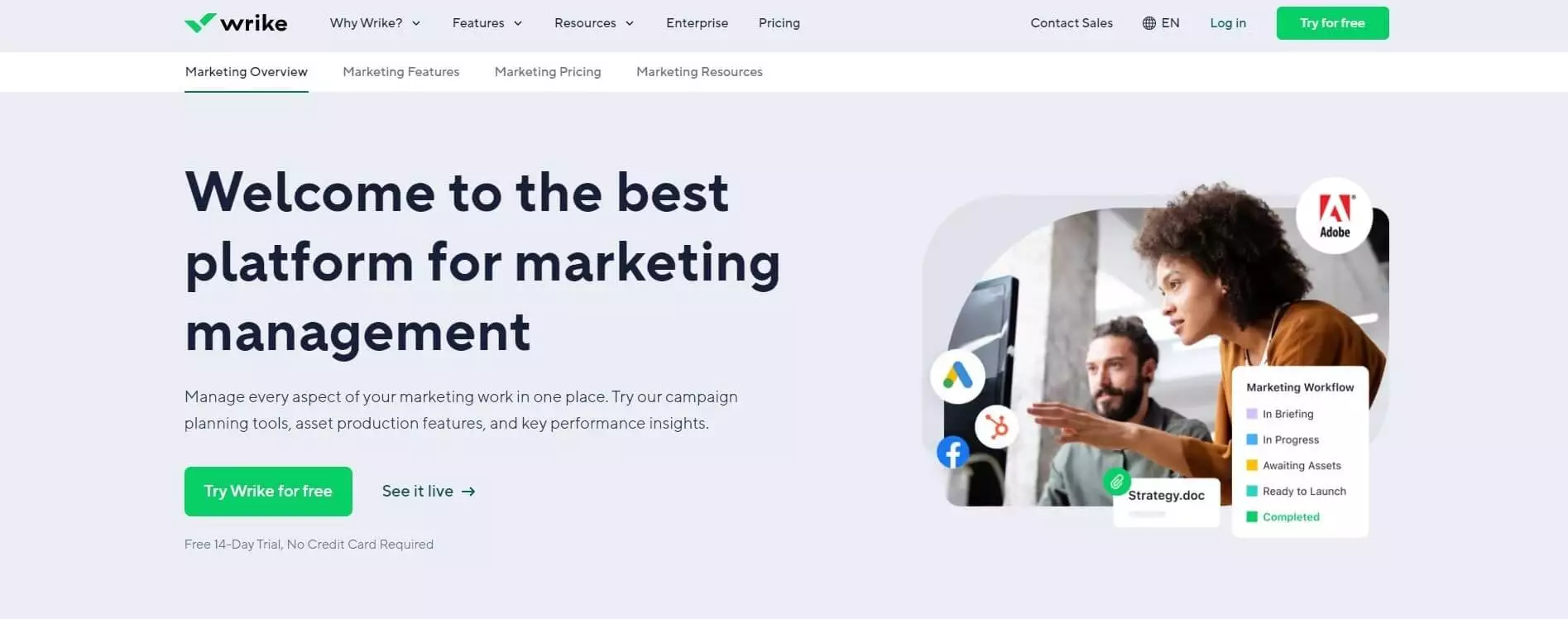 Wrike marketing management platform homepage highlighting campaign planning tools, asset production, and performance insights.