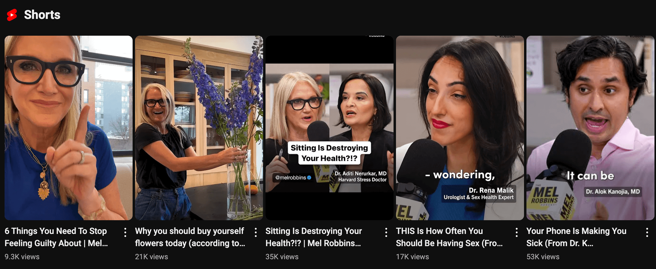 Thumbnails of YouTube Shorts videos featuring Mel Robbins and experts discussing topics like health, self-care, and technology.