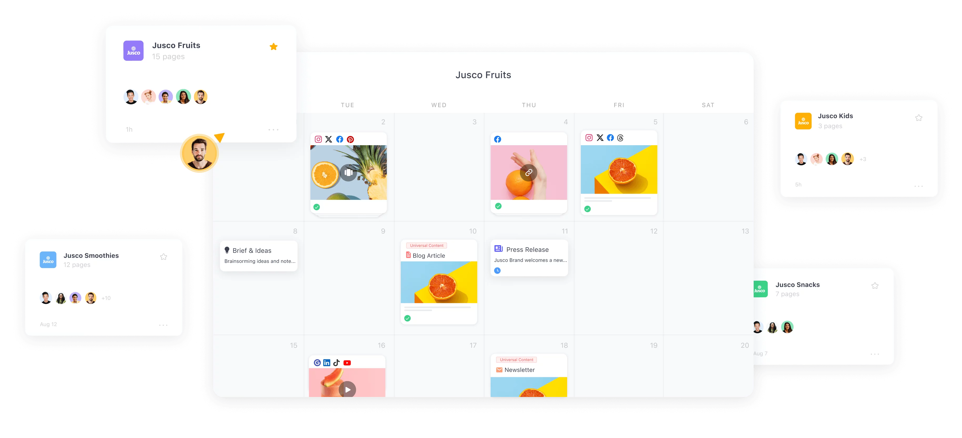 Content calendar showing multiple pages, posts, and workspaces for different brands