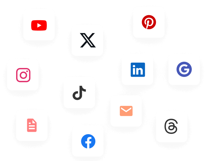 Icons for multiple platforms: YouTube, X, Pinterest, Instagram, TikTok, LinkedIn, Google Business Profile, Blog, Facebook, Newsletter, Threads