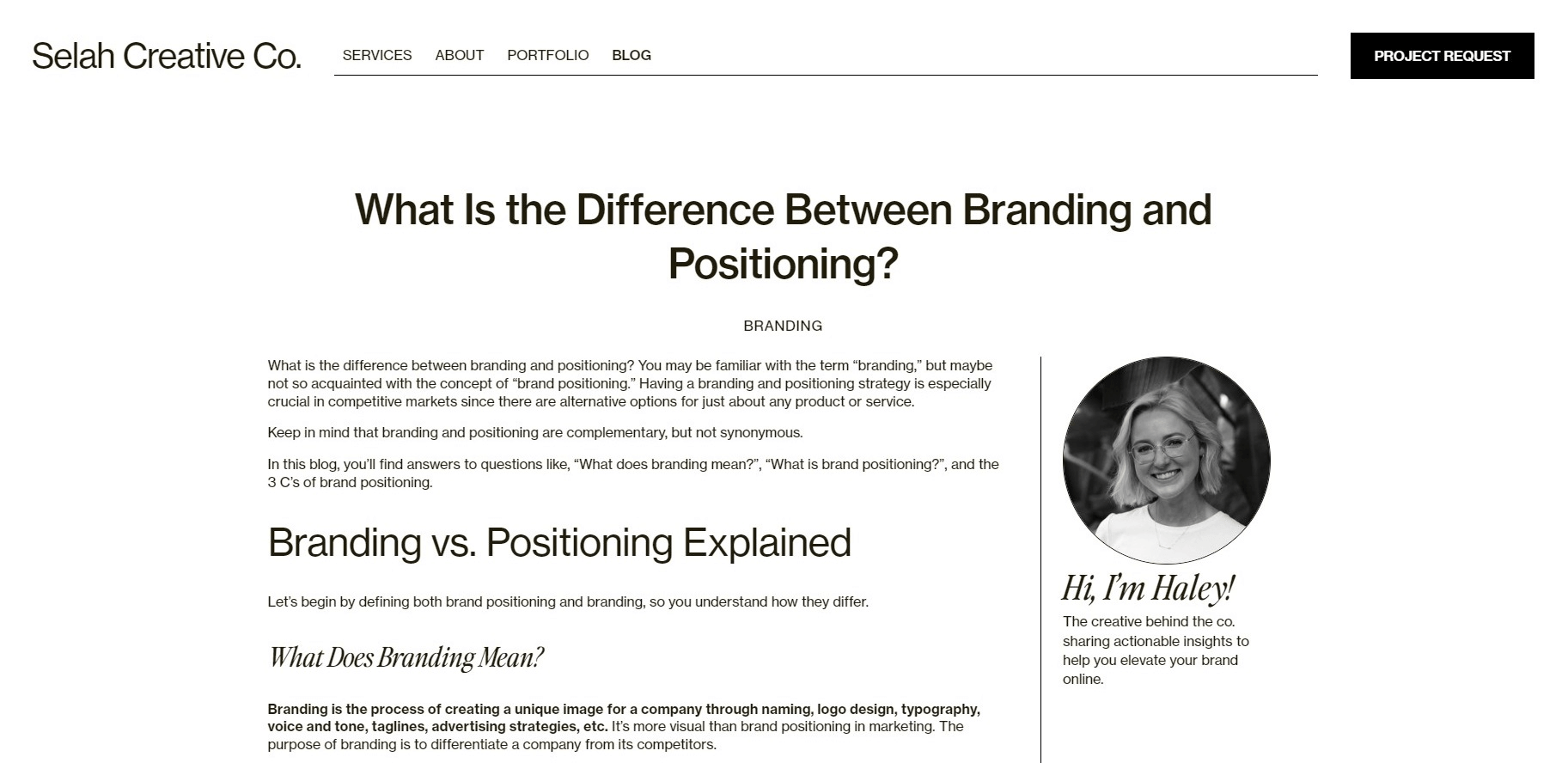 Blog post from Selah Creative Co. discussing the difference between branding and positioning, with a headshot of Haley, the blog author.