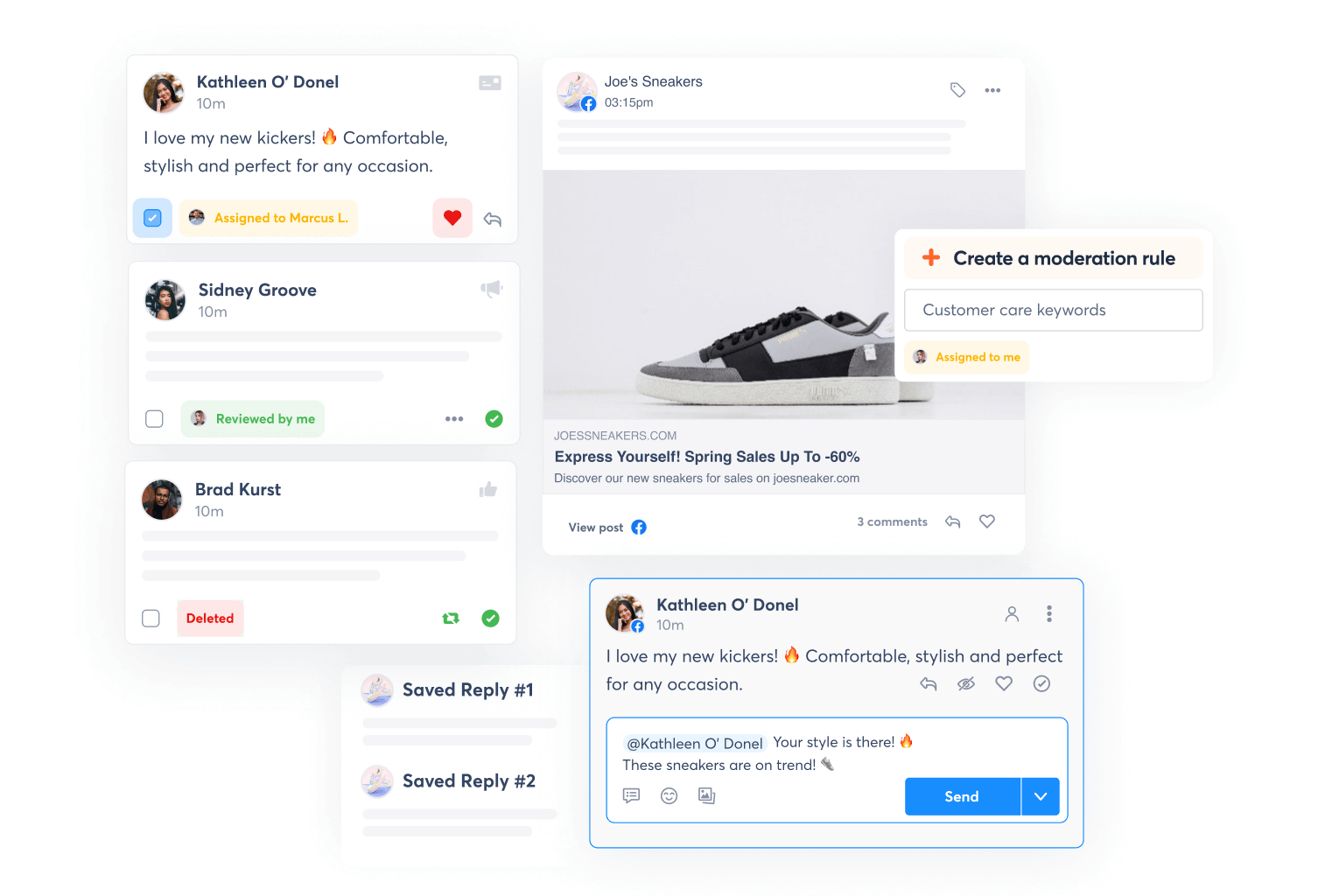 Agorapulse's social media engagement dashboard showing user comments, saved replies, moderation tools, and a post about Joe's Sneakers spring sale.