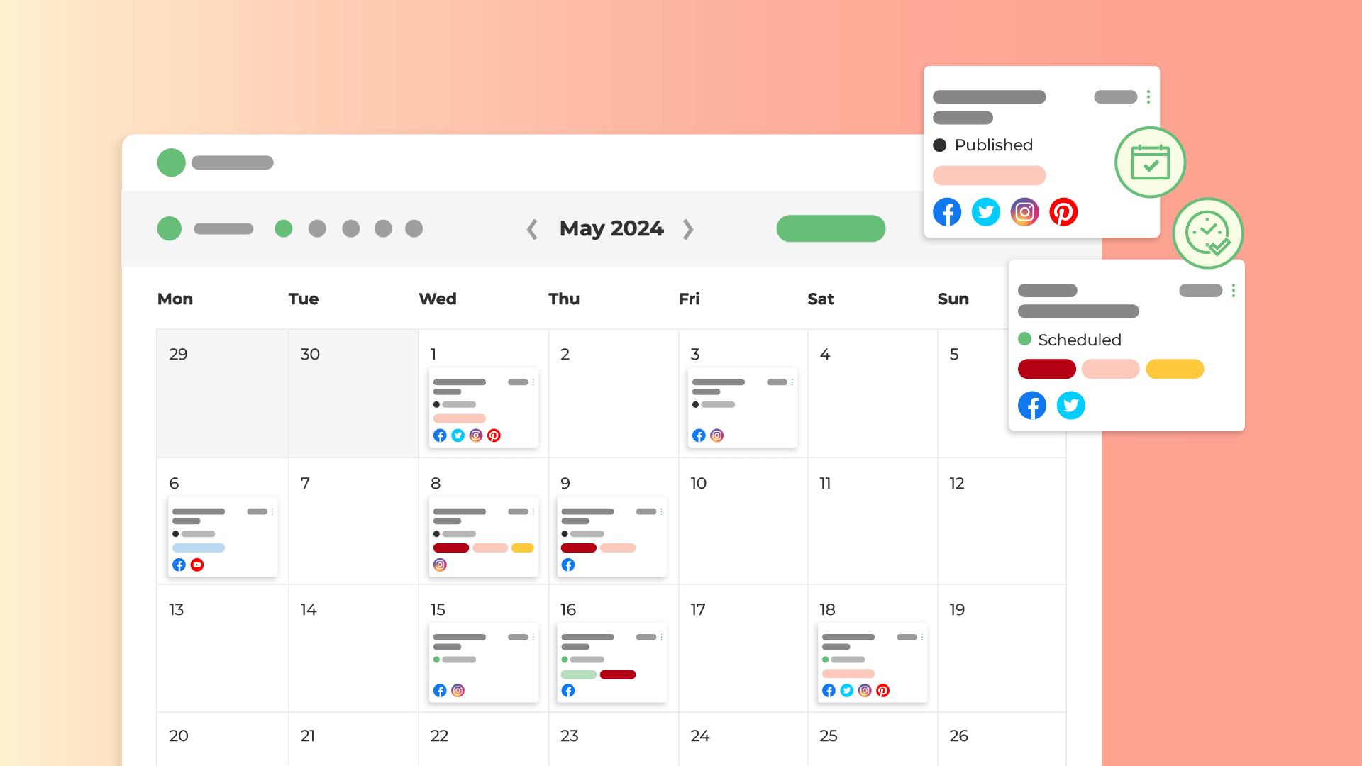 Social media content calendar in Loomly displaying scheduled and published posts with platform icons and status indicators for each entry.