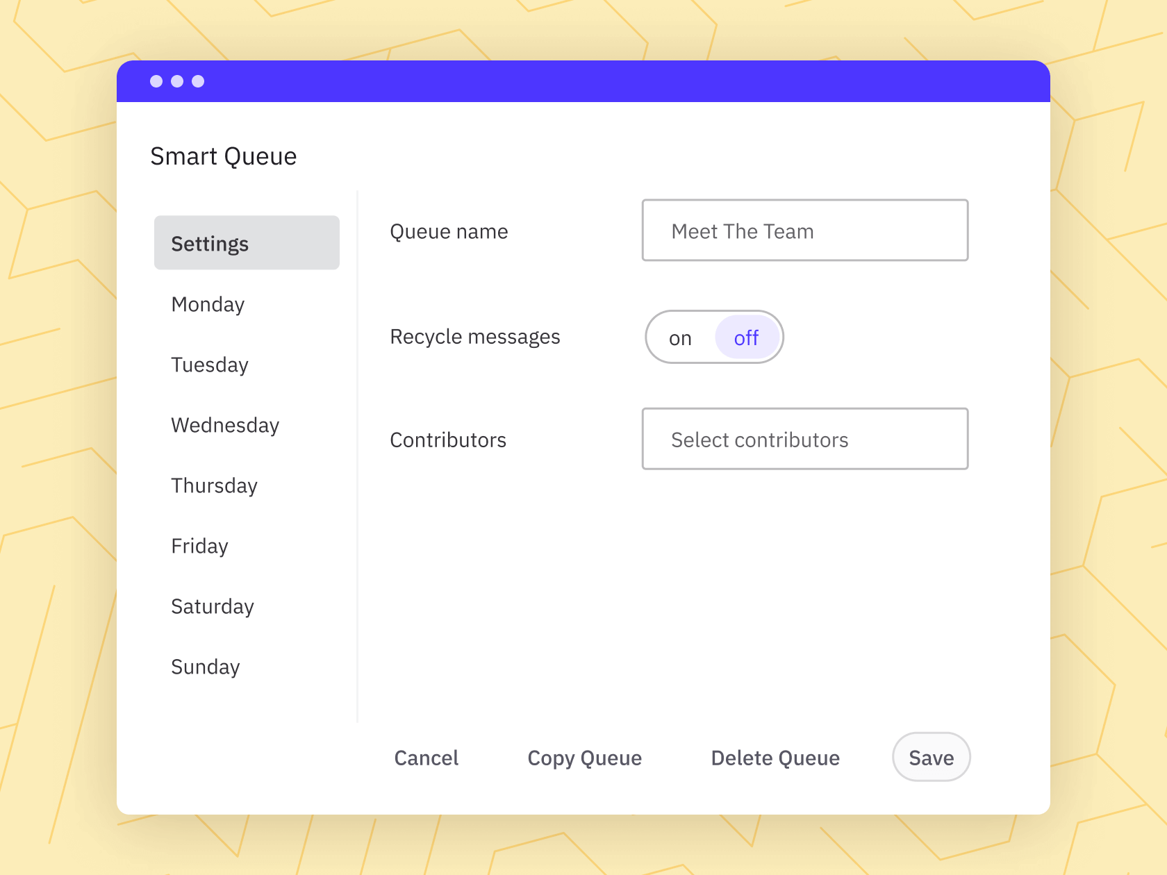 Smart Queue settings interface for scheduling social media posts, showing options to name the queue, recycle messages, select contributors, and choose daily settings.