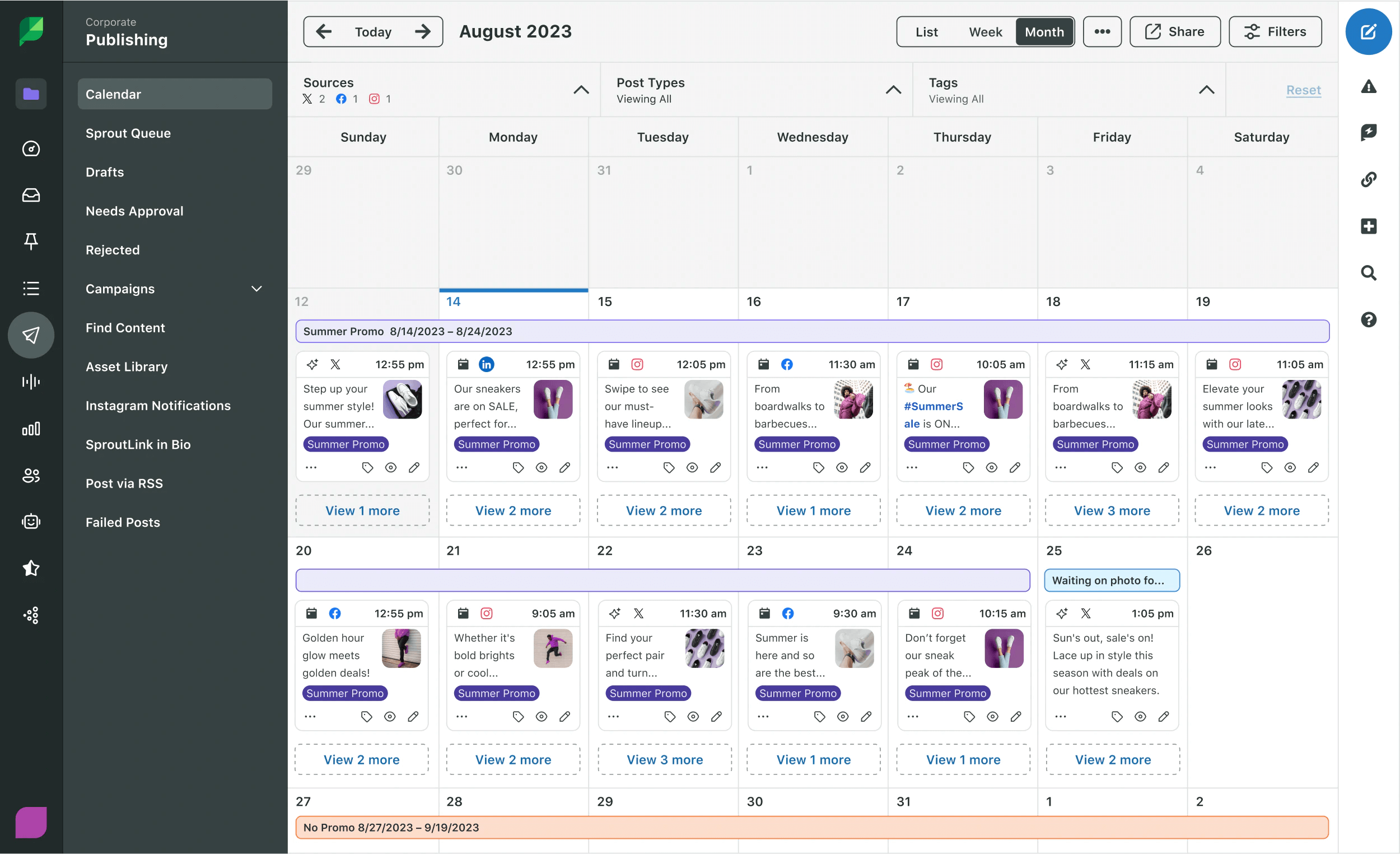 Sprout Social's social media publishing dashboard showing a calendar view with scheduled posts, promotions, and various content management options on the sidebar.