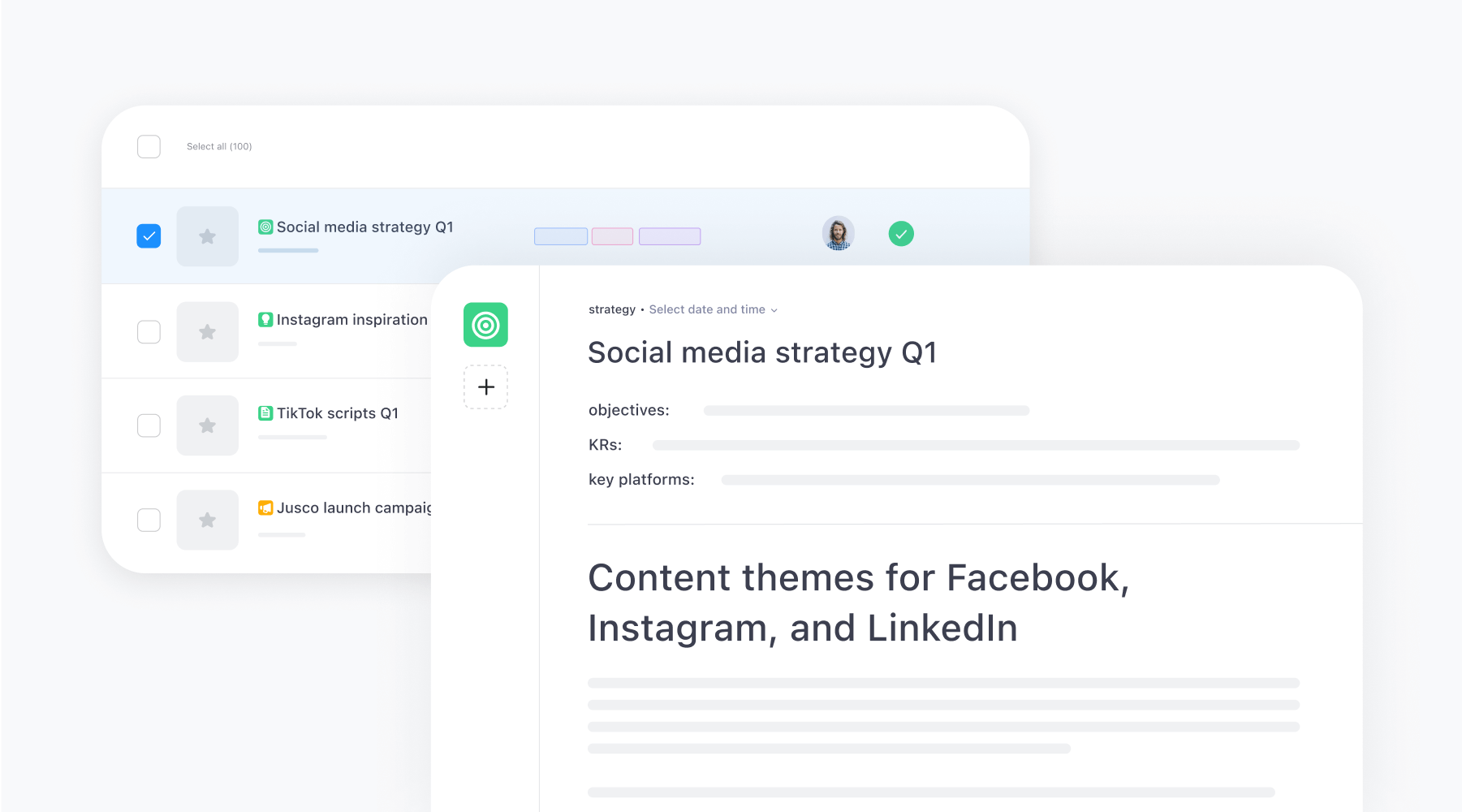 Planable's Universal Content interface displaying a plan with objectives, KRs, and key platforms for Q1's social media strategy