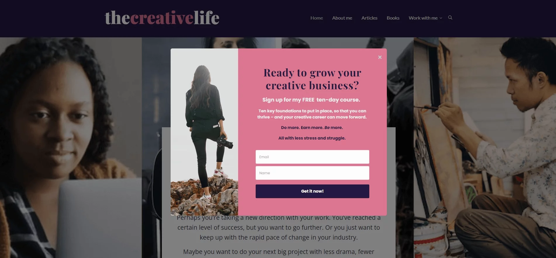 Popup on The Creative Life offering a free ten-day course to grow a creative business, with an email signup form.
