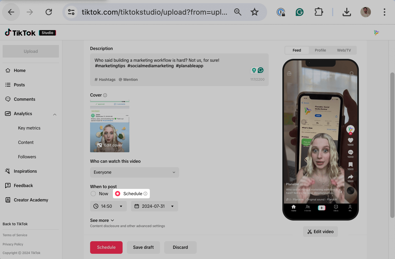 The process of scheduling a TikTok video from TikTok's native desktop app with a highlight on Schedule option