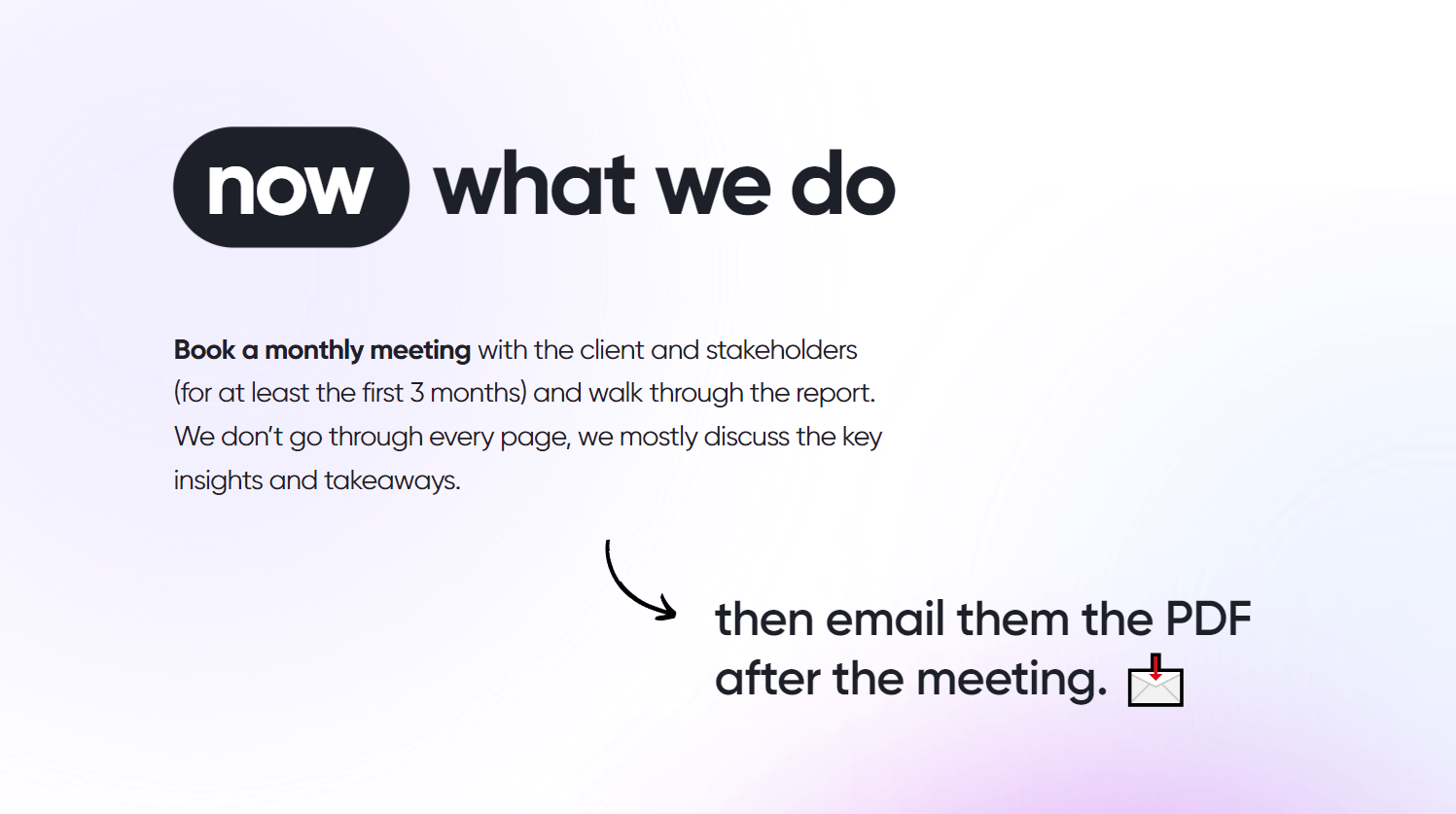 Text reading "now what we do" explaining booking monthly meetings to discuss reports and emailing the PDF afterward.