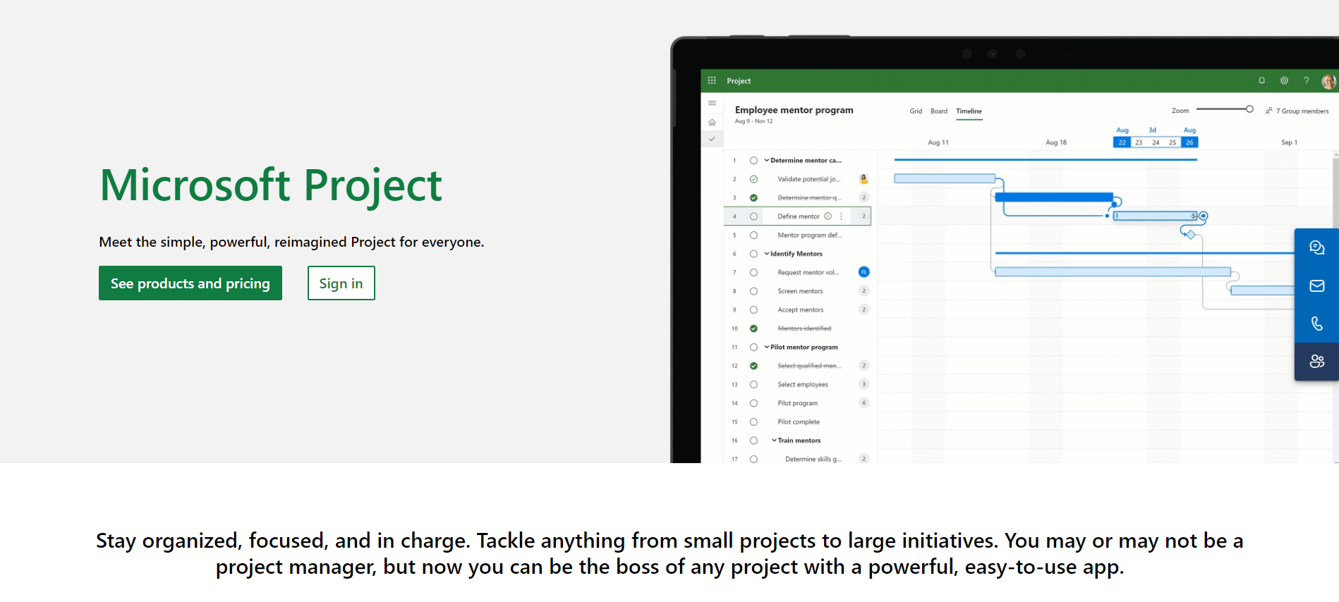 Microsoft Project homepage promoting a powerful project management tool, featuring options to see products and pricing or sign in, with an image of a project timeline.