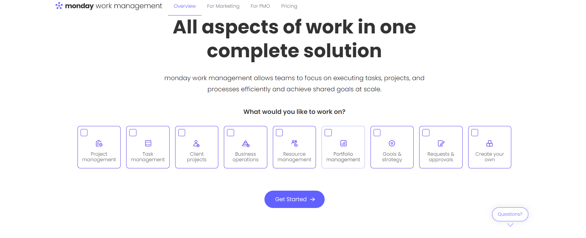 Monday.com work management page showcasing a complete solution for project management, task management, client projects, business operations, and more, with options to get started.