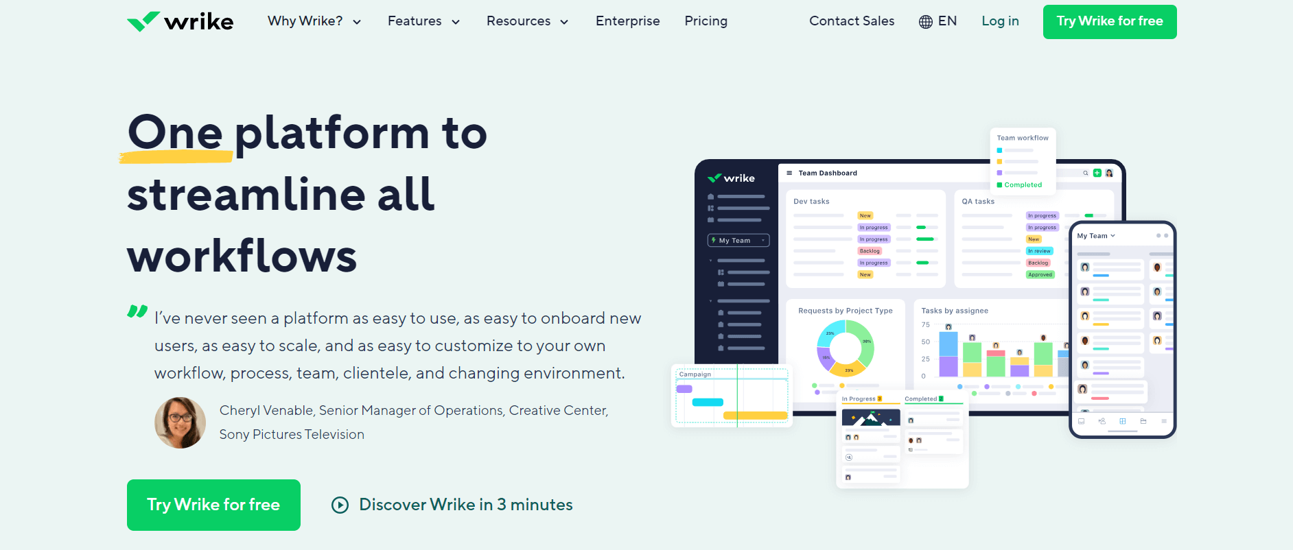 Wrike homepage promoting a platform to streamline workflows, featuring user testimonials and visual examples of the dashboard on desktop and mobile.