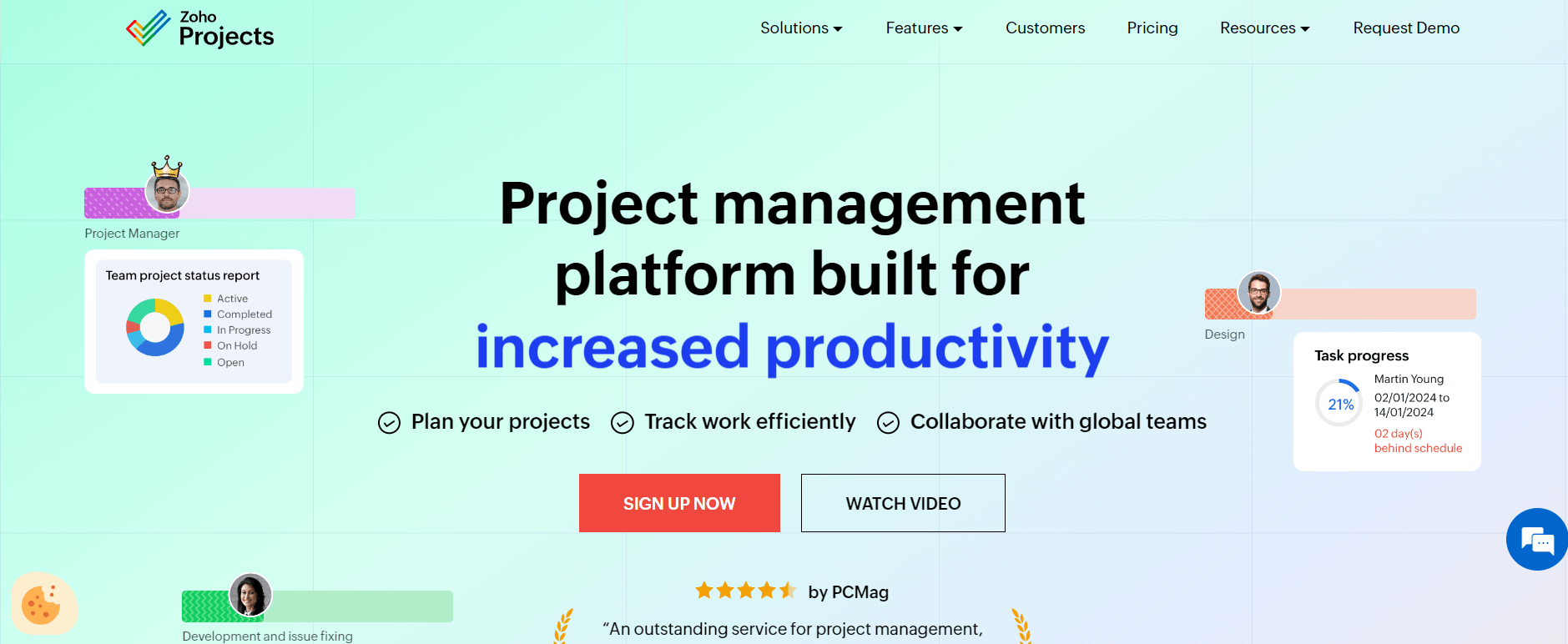 Zoho Projects homepage promoting a project management platform for increased productivity, featuring tools for planning, tracking, and collaboration, with a sign-up button and video link.