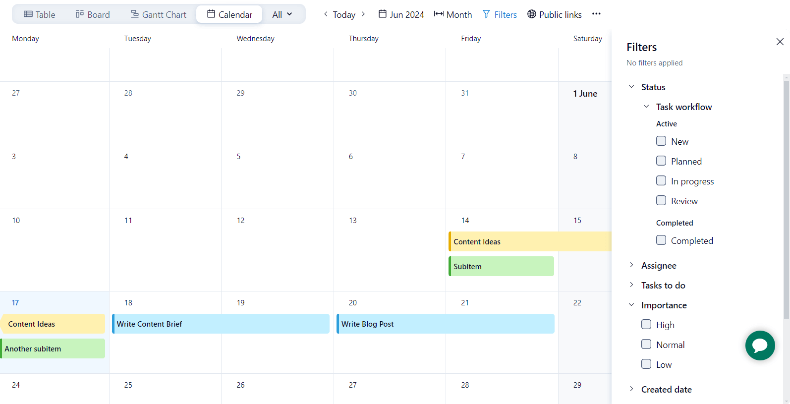 Wrike calendar view showing scheduled tasks and deadlines, with a sidebar for filtering tasks by status, assignee, importance, and more.