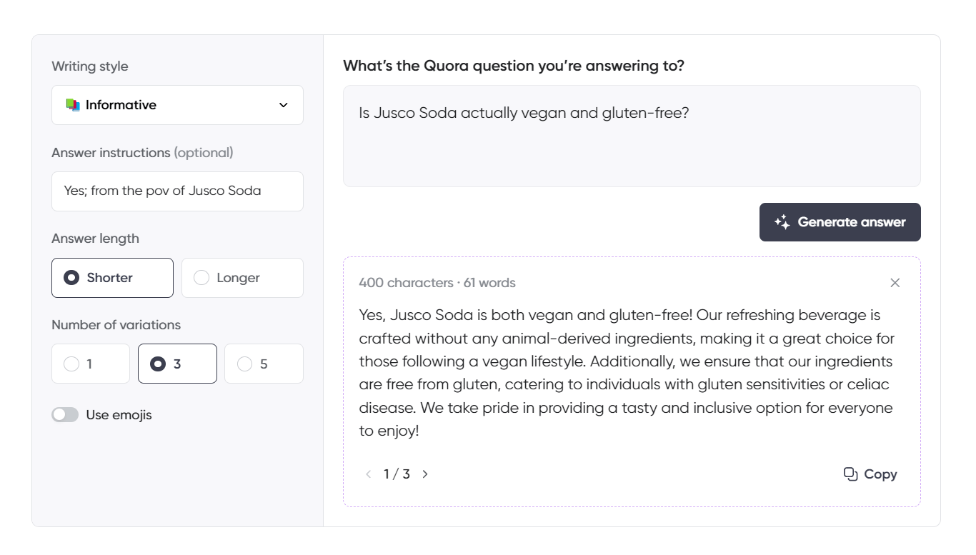 A Quora-style AI writing assistant interface with options to customize the generated answer. The selected settings include an "Informative" writing style, a shorter answer length, and three answer variations. The question displayed is, "Is Jusco Soda actually vegan and gluten-free?" The AI-generated answer confirms that Jusco Soda is both vegan and gluten-free, highlighting its inclusive ingredients.