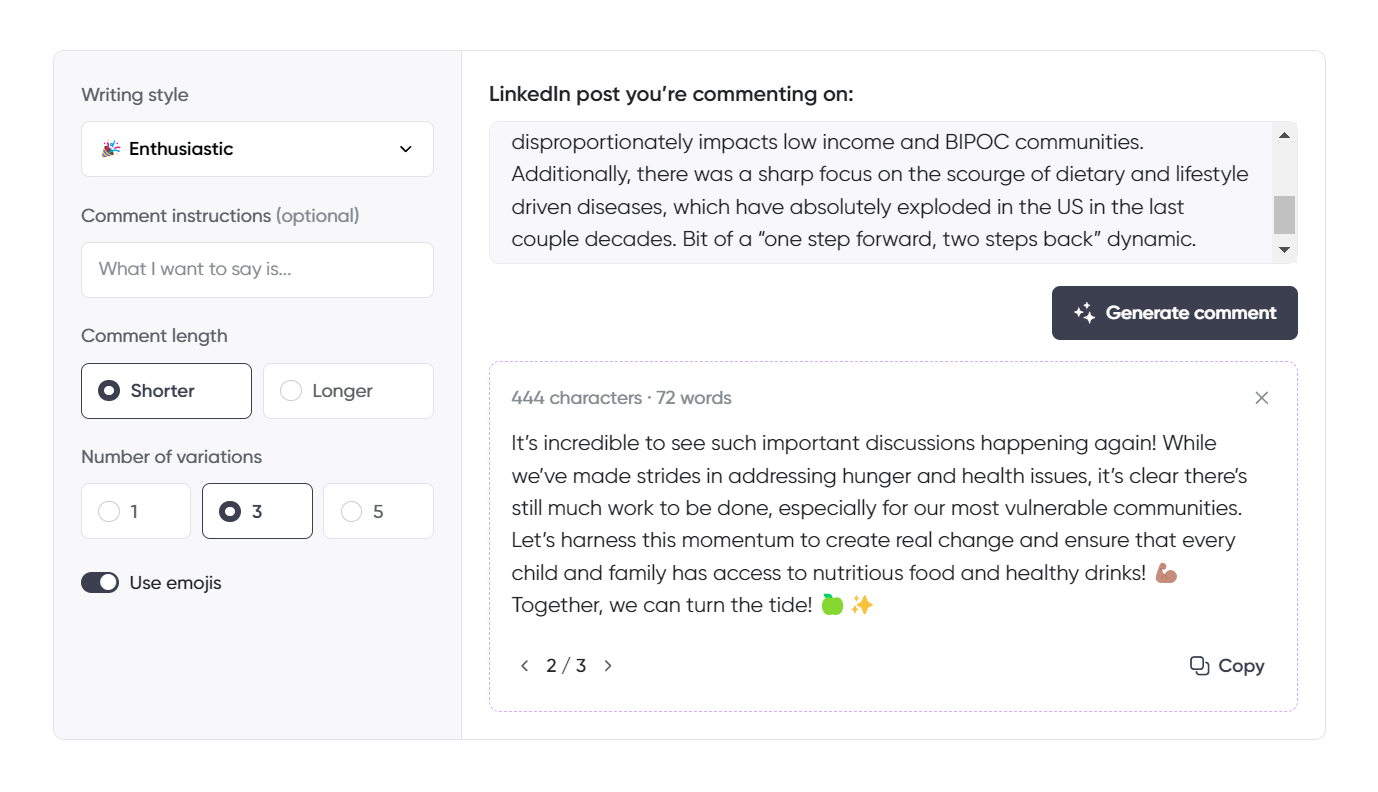 A LinkedIn post comment generation tool interface set to an enthusiastic writing style with options for comment length and variations. The screen displays a LinkedIn post draft discussing food and health disparities.