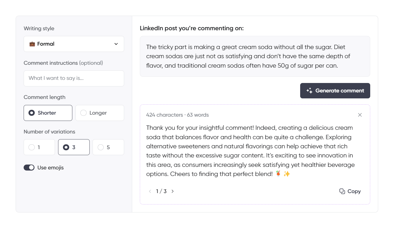 A LinkedIn post comment generation tool interface set to a formal writing style. The screen displays a LinkedIn post draft responding to a discussion on the challenges of creating a low-sugar cream soda.