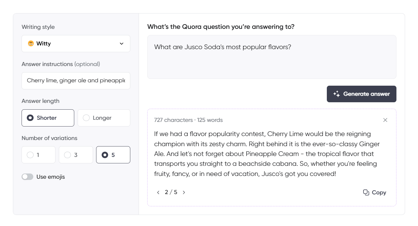 A Quora-style AI writing assistant interface with the "Witty" writing style selected. The question asks about Jusco Soda’s most popular flavors. The AI-generated response humorously describes Cherry Lime as the top choice, followed by Ginger Ale and Pineapple Cream. The flavors are portrayed with playful descriptions, such as "zesty charm" and "tropical flavor that transports you straight to a beachside cabana." The interface is set for a shorter answer, five variations, and no use of emojis.