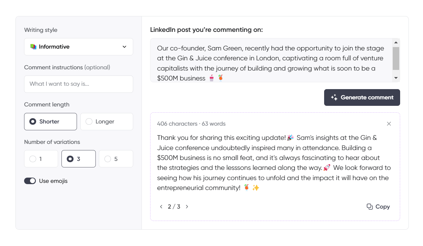 A LinkedIn post comment generation tool interface showing options to customize writing style, comment length, and number of variations. The screen displays a LinkedIn post draft.
