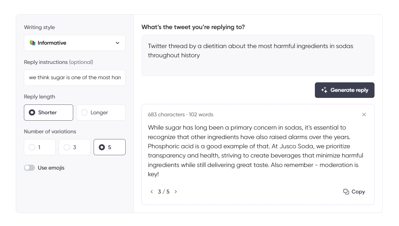 A tweet reply generator interface with the "Informative" writing style selected. The user is responding from the perspective of Jusco Soda to a tweet thread by a dietitian about harmful soda ingredients. The AI-generated reply acknowledges that while sugar is a major concern, other ingredients like phosphoric acid have also raised health issues. It emphasizes Jusco Soda's commitment to transparency and health, focusing on minimizing harmful ingredients while delivering great taste. The reply also stresses the importance of moderation. The interface is set to a shorter reply with five variations and no emojis.