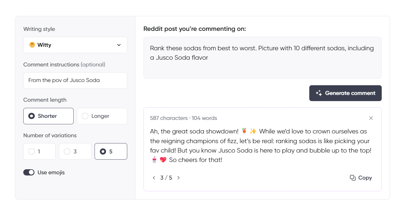 A Reddit comment generator interface with the "Witty" writing style selected. The user is responding from the perspective of Jusco Soda to a post asking to rank 10 different sodas. The AI-generated comment playfully acknowledges the challenge of ranking sodas, likening it to picking a favorite child, while expressing confidence that Jusco Soda will bubble up to the top. The interface is set to a shorter comment with five variations and emojis enabled.