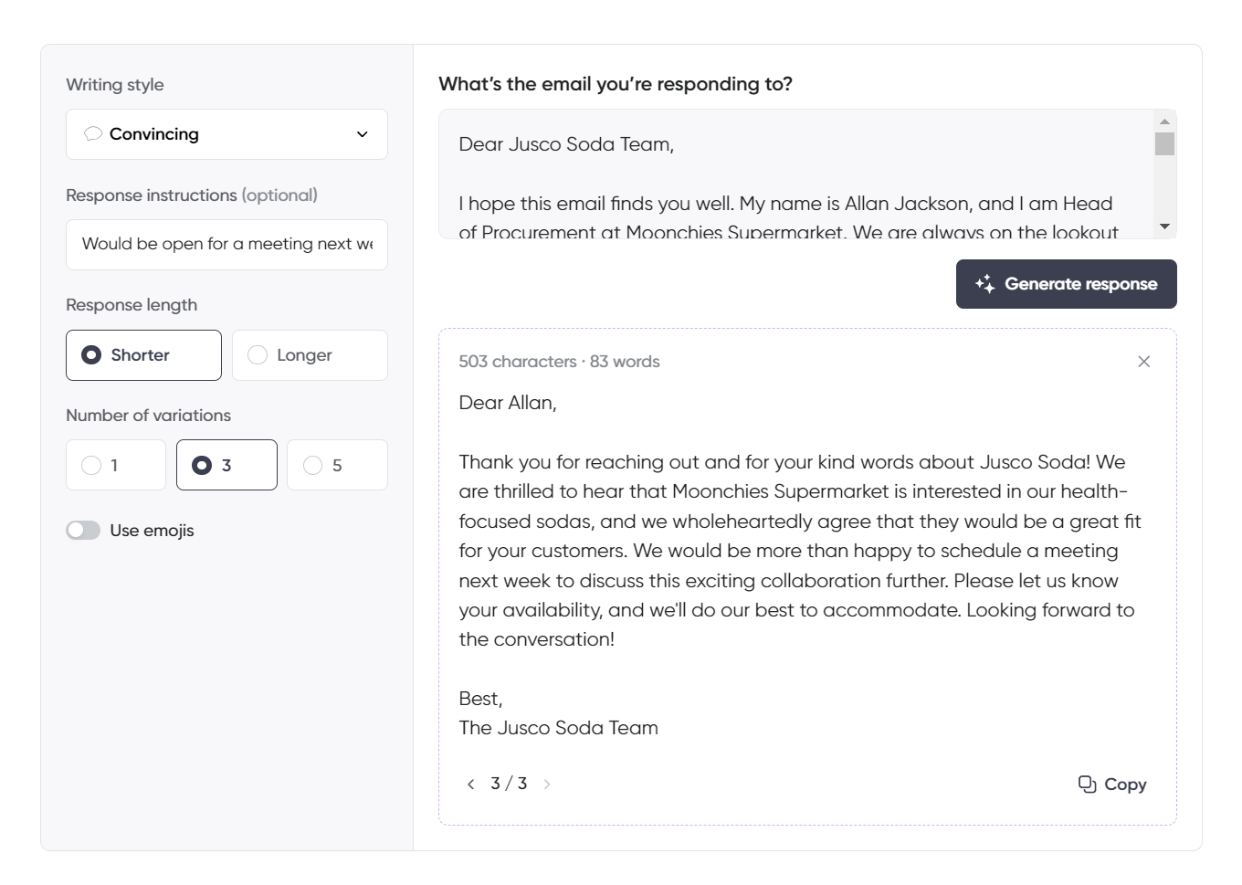 An email response generator interface with the "Convincing" writing style selected. The user is responding to a procurement head interested in Jusco Soda for their supermarket. The AI-generated response expresses excitement about the potential collaboration, agrees that Jusco Soda would be a great fit, and offers to schedule a meeting next week to discuss further. The interface is set to a shorter response with three variations and no emojis.