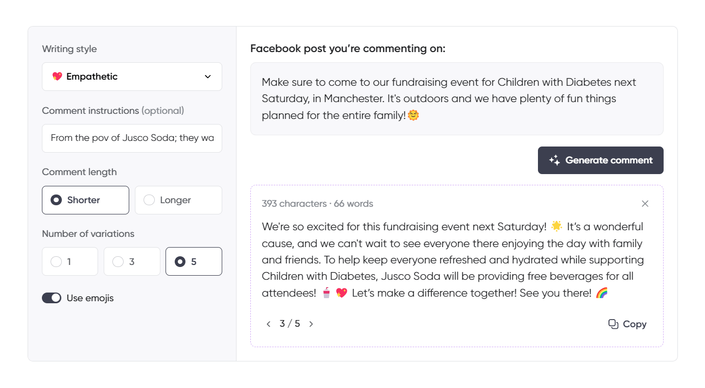 A Facebook comment generator interface with the "Empathetic" writing style selected. The user is responding from the perspective of Jusco Soda to a post promoting a fundraising event for Children with Diabetes. The AI-generated comment expresses excitement for the event, highlights the importance of the cause, and mentions that Jusco Soda will be providing free beverages for attendees to keep everyone refreshed. It ends with a call to make a difference together and a cheerful sign-off. The interface is set to a shorter comment with five variations and emojis enabled.