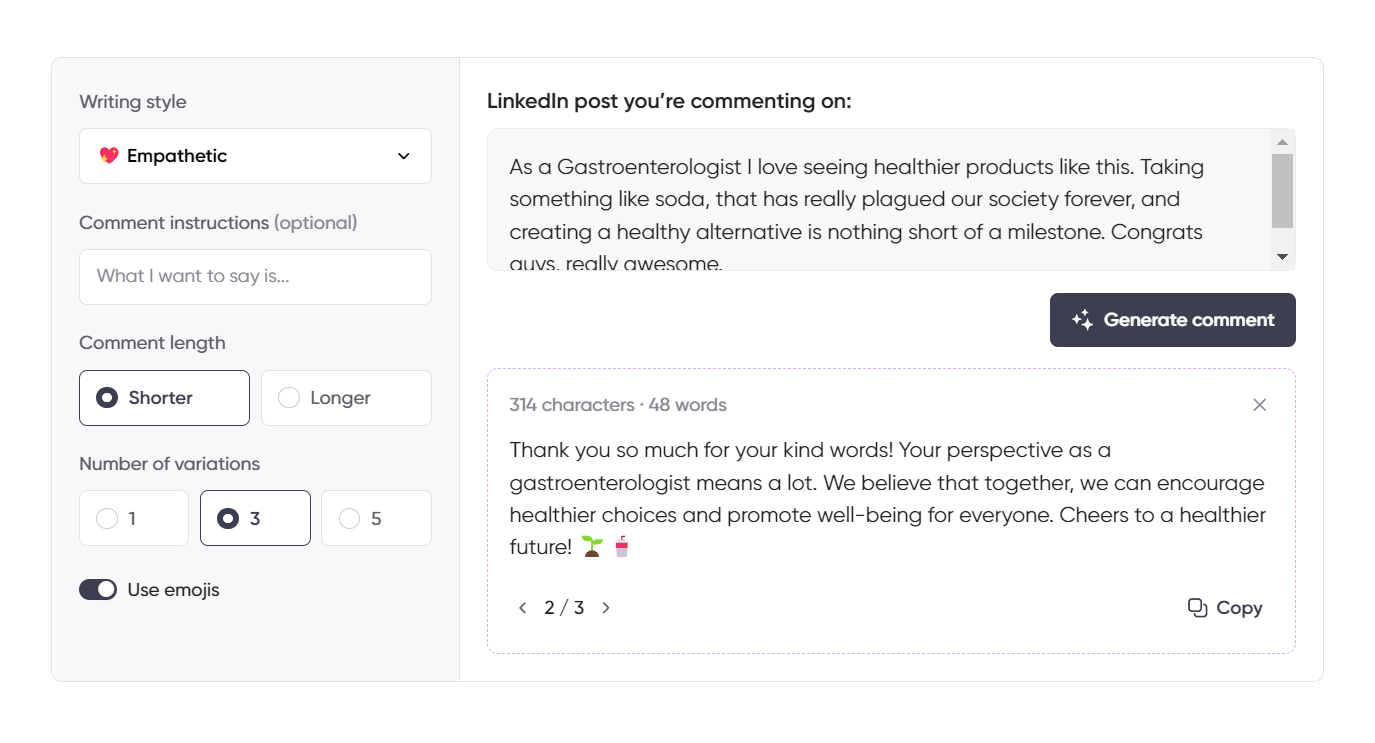 A LinkedIn post comment generation tool interface set to an empathetic writing style. The screen displays a LinkedIn post draft expressing gratitude for a gastroenterologist's support of healthier products.