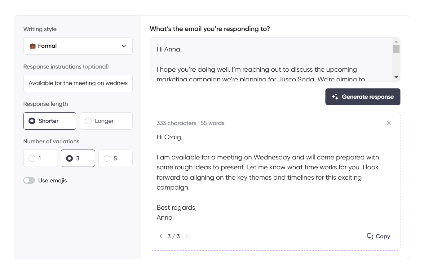 An email response generator interface with the "Formal" writing style selected. The user is confirming availability for a meeting to discuss a marketing campaign. The AI-generated response confirms the sender is available on Wednesday, mentions they’ll bring rough ideas to present, and asks for a suitable time. It also expresses eagerness to align on key themes and timelines. The interface is set to a shorter response with three variations and no emojis.